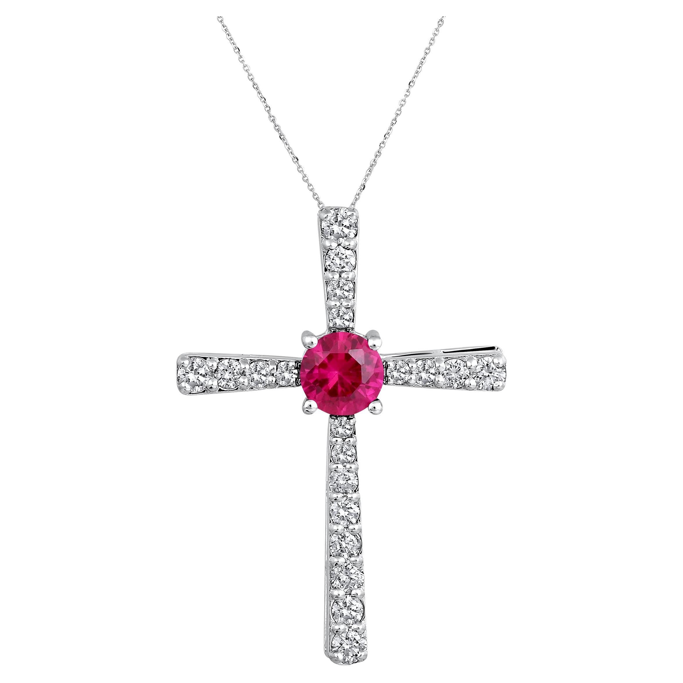 Certified 14k Gold 1ct Natural Diamond w/ Lab Ruby Round Cross White Necklace For Sale