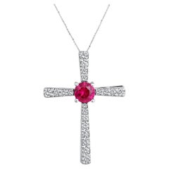 Certified 14k Gold 1ct Natural Diamond w/ Lab Ruby Round Cross White Necklace
