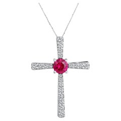 Collier blanc en or 14 carats avec croix ronde certifiée avec diamant naturel de 1 carat et rubis de laboratoire