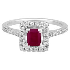Used Certified 14K Gold 1ct Natural Diamond w/ Ruby Solitaire Square Halo Ring