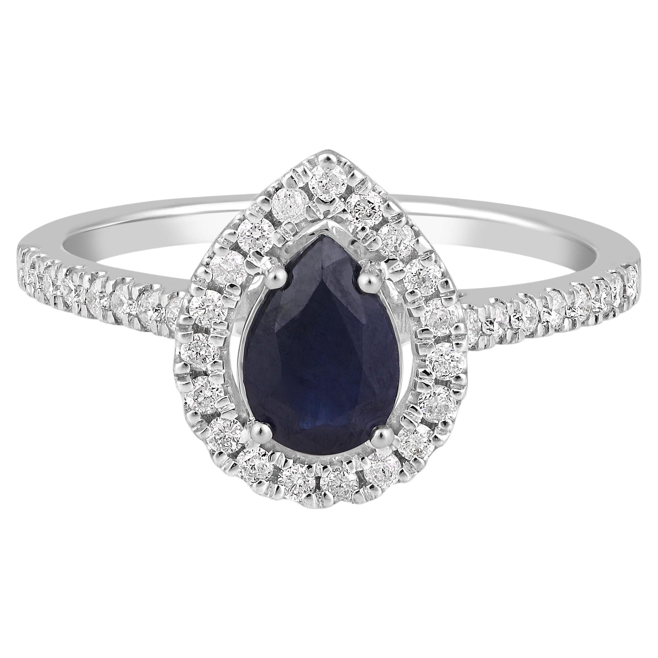 Certified 14K Gold 1ct Natural Diamond w/ Sapphire Pear Solitaire Halo Ring For Sale