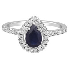 Used Certified 14K Gold 1ct Natural Diamond w/ Sapphire Pear Solitaire Halo Ring