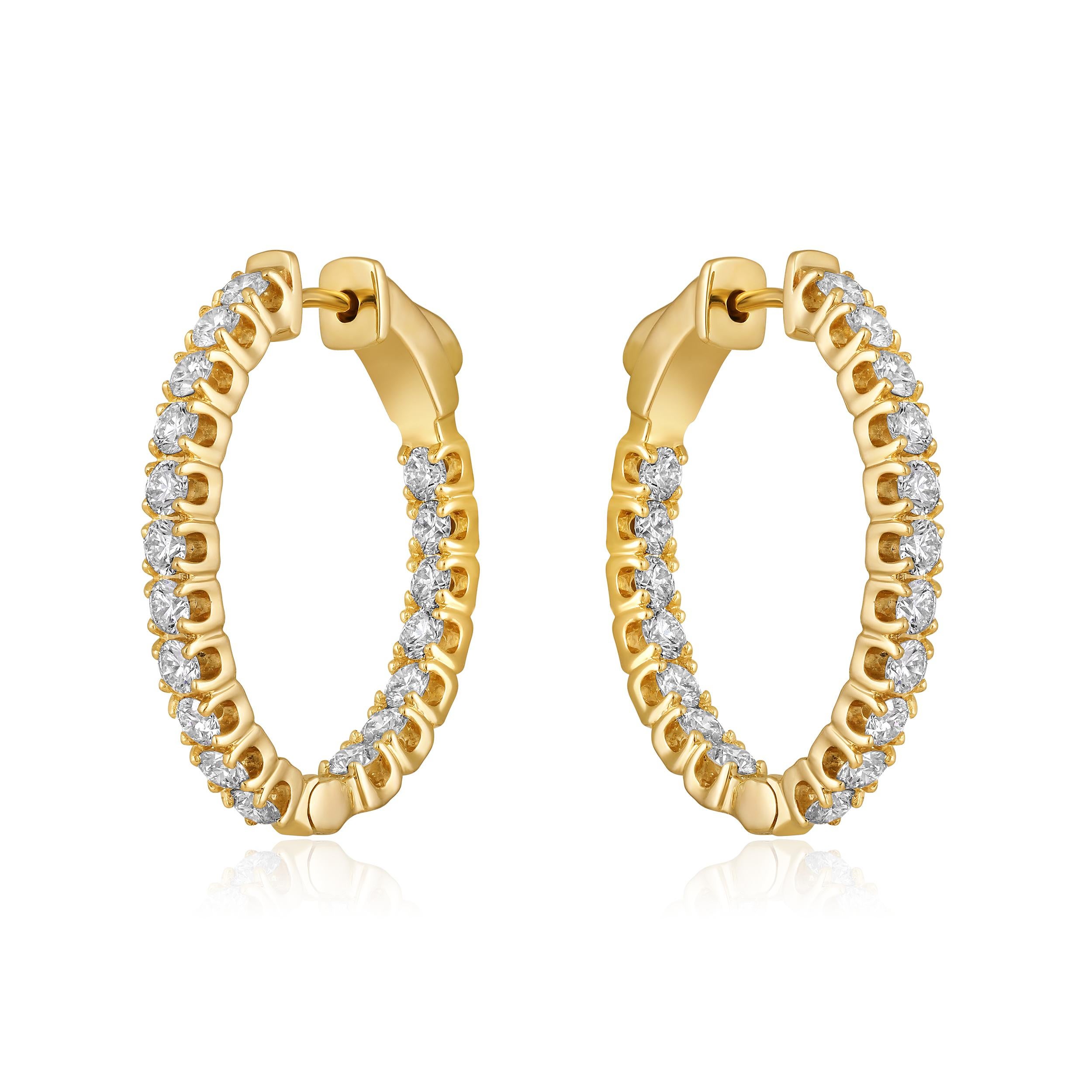 Crafted in 7.1 grams of 14K Yellow Gold, the earrings contain 36 stones of Round Natural Diamonds with a total of 2.01 carat in F-G color and VS-SI clarity.

CONTEMPORARY AND TIMELESS ESSENCE: Crafted in 14-karat/18-karat with 100% natural diamond