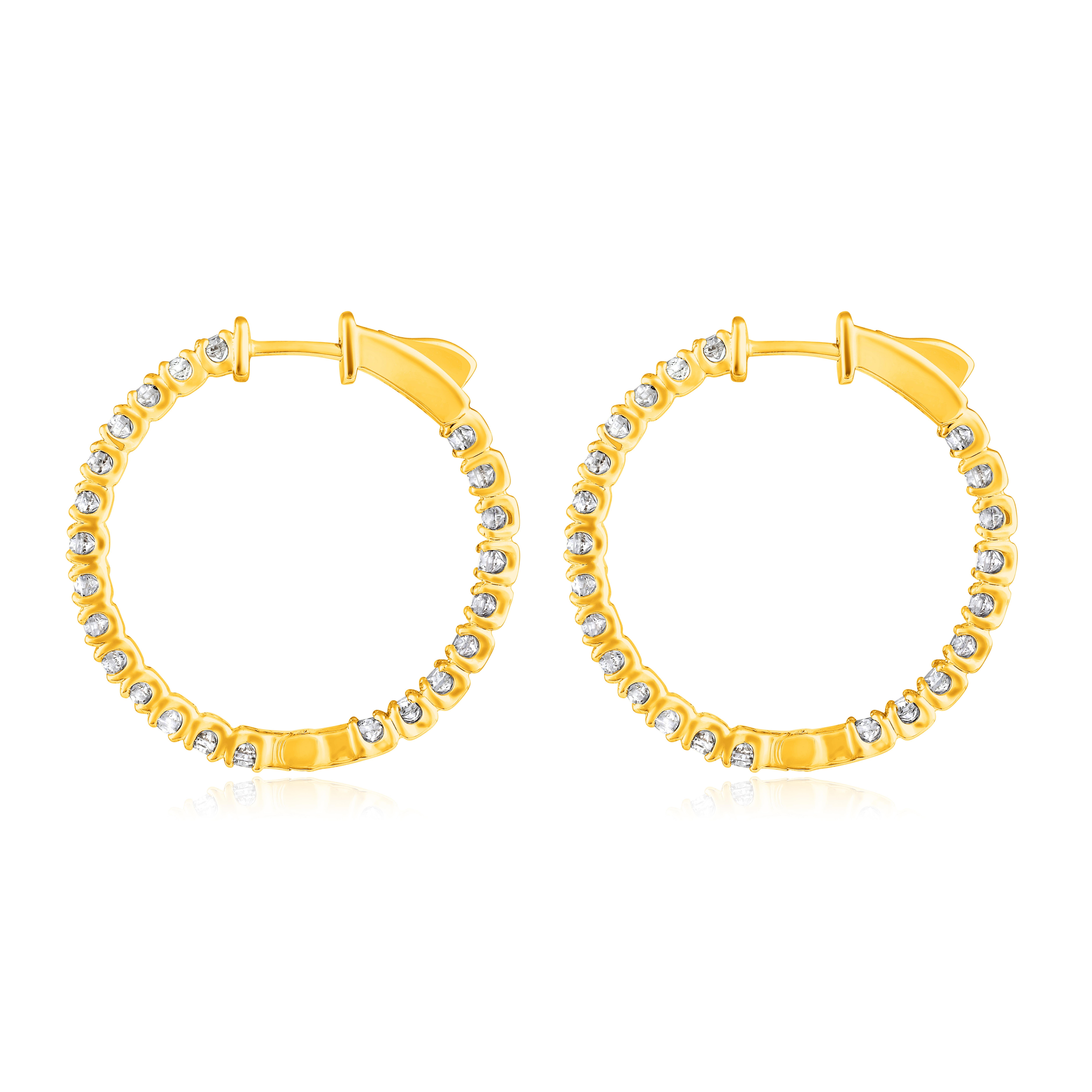 Crafted in 5.81 grams of 14K Yellow Gold, the earrings contain 46 stones of Round Natural Diamonds with a total of 2 carat in G-H color and SI clarity.

CONTEMPORARY AND TIMELESS ESSENCE: Crafted in 14-karat/18-karat with 100% natural diamond and