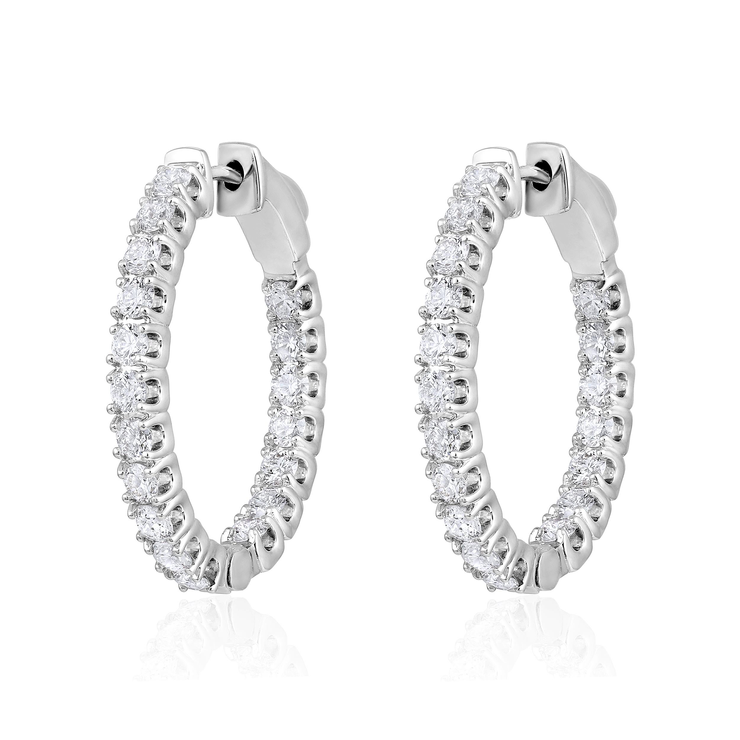 Contemporary Certified 14k Gold 2 Carat Natural Diamond Oval Inside Out Hoop White Earrings For Sale