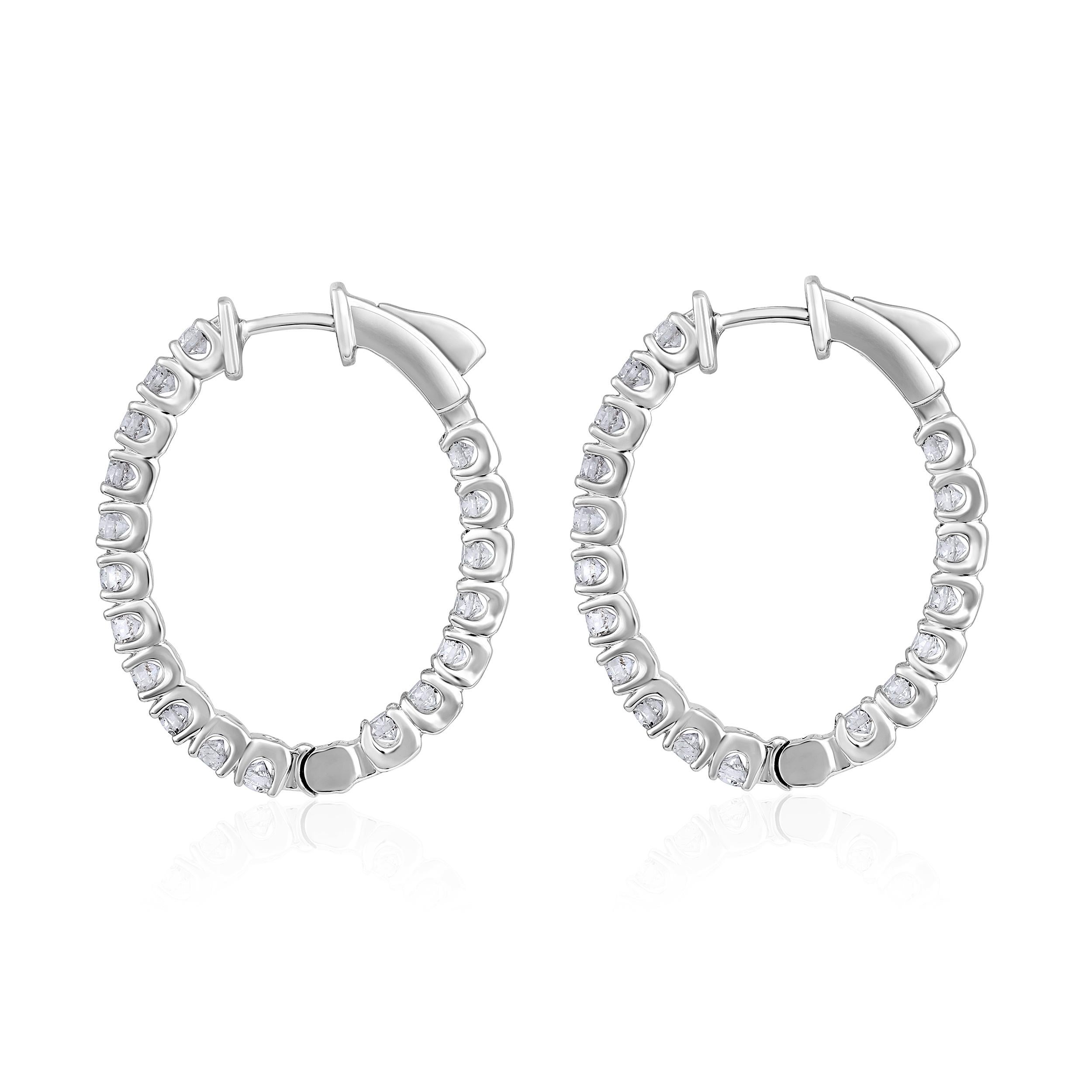 Brilliant Cut Certified 14k Gold 2 Carat Natural Diamond Oval Inside Out Hoop White Earrings For Sale