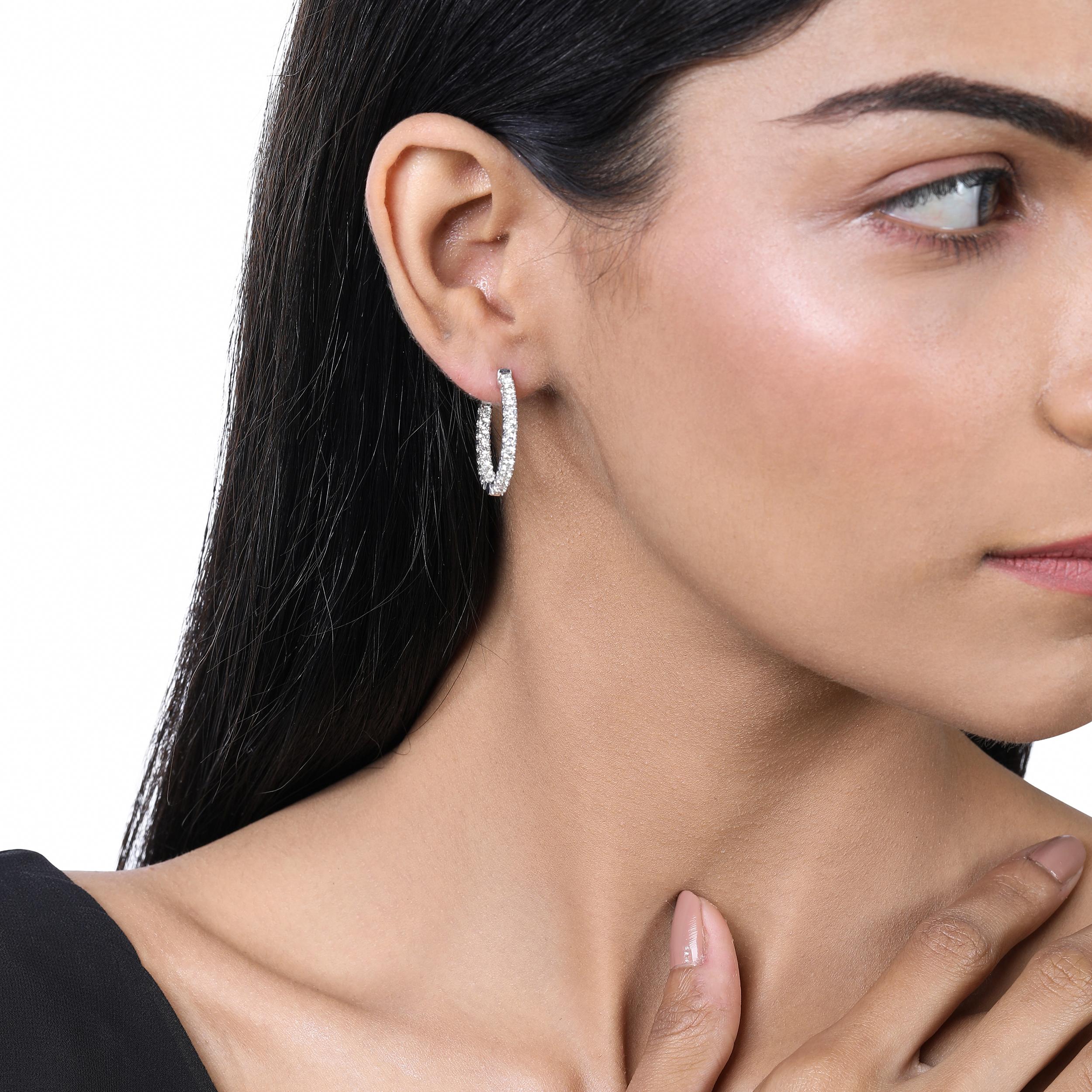 Women's Certified 14k Gold 2 Carat Natural Diamond Oval Inside Out Hoop White Earrings For Sale