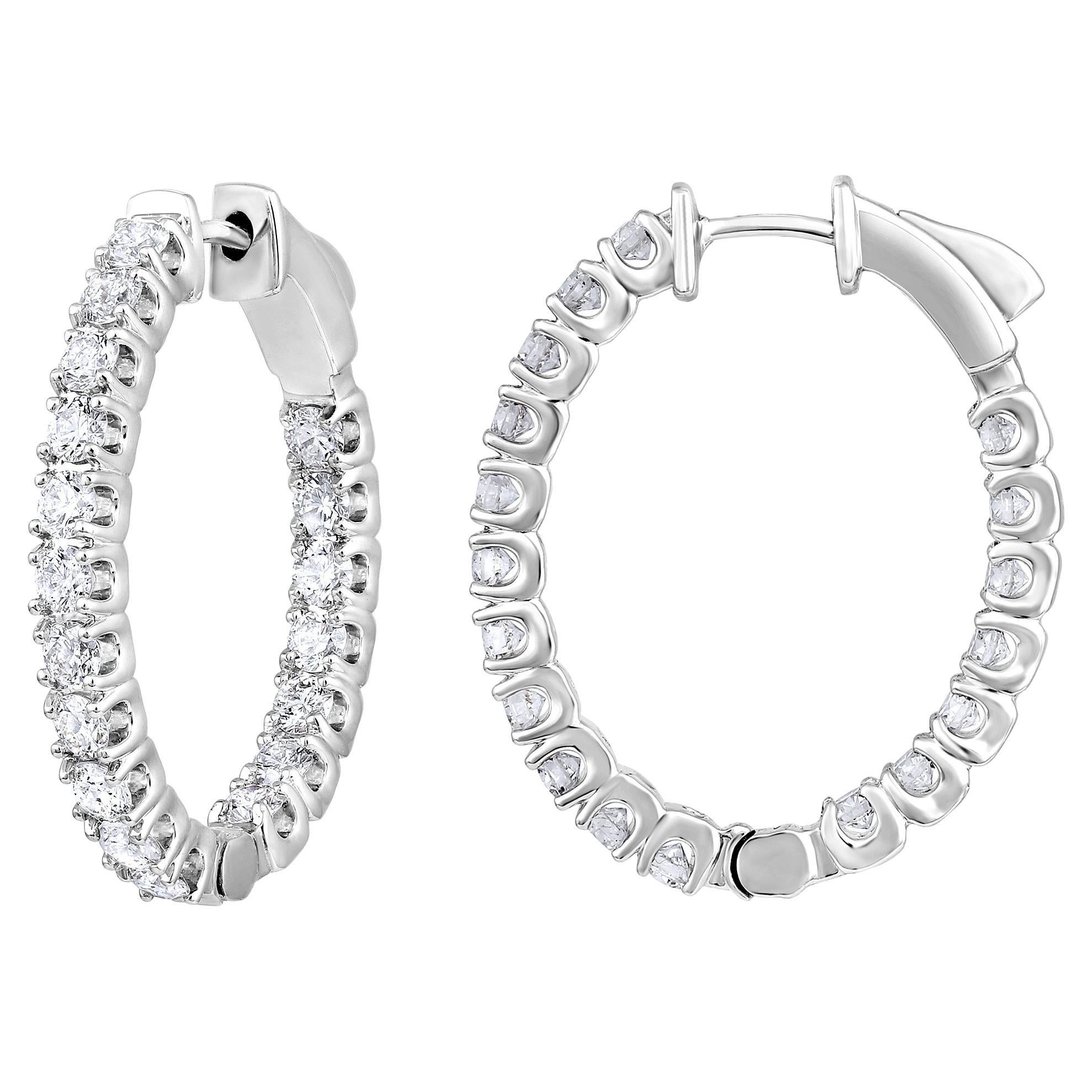 Certified 14k Gold 2 Carat Natural Diamond Oval Inside Out Hoop White Earrings For Sale