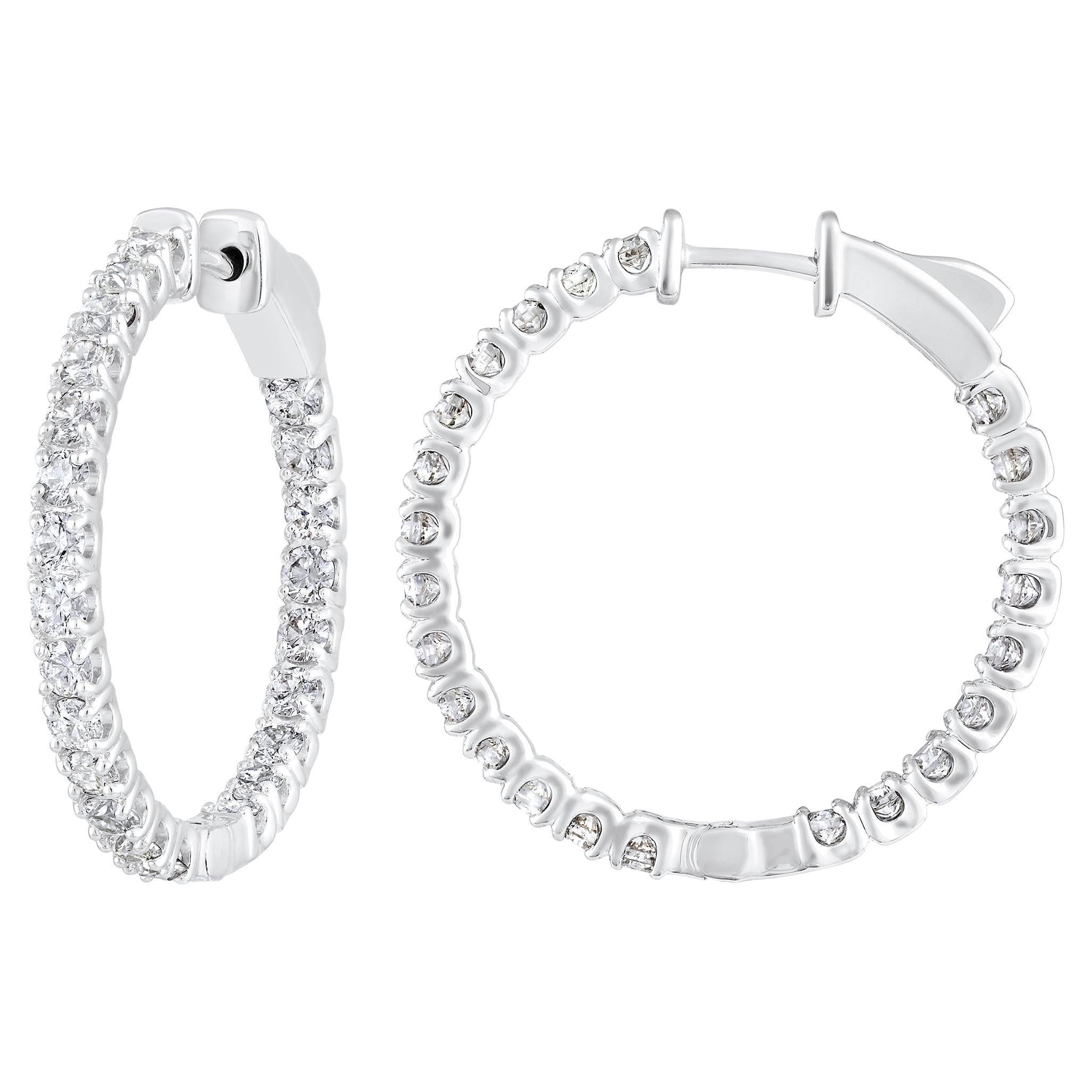 Certified 14k Gold 2 Carat Natural Diamond Round Inside Out Hoop White Earrings For Sale