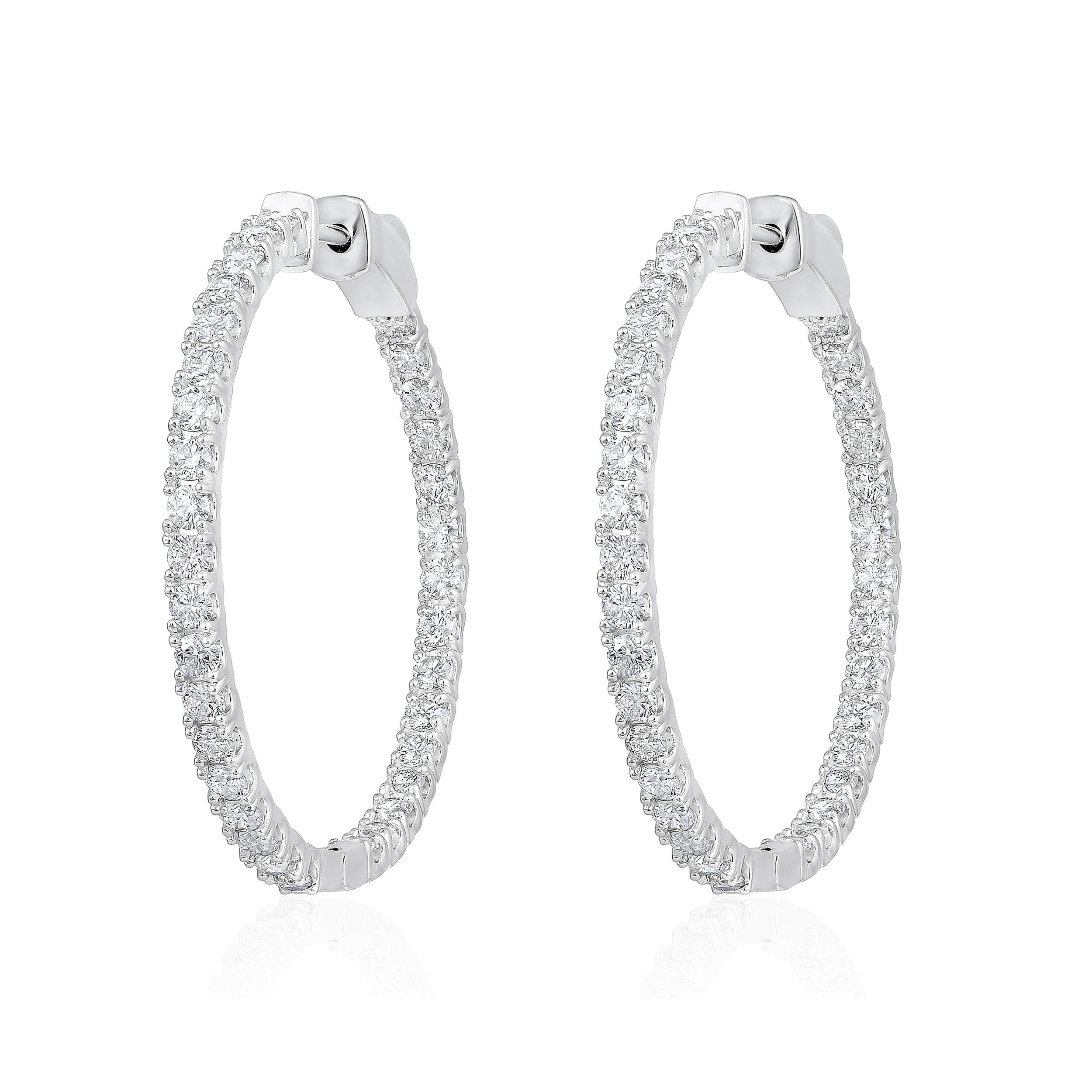 Contemporary Certified 14k Gold 2 Carat Natural Diamond Round Inside Out Hoop White Earrings For Sale