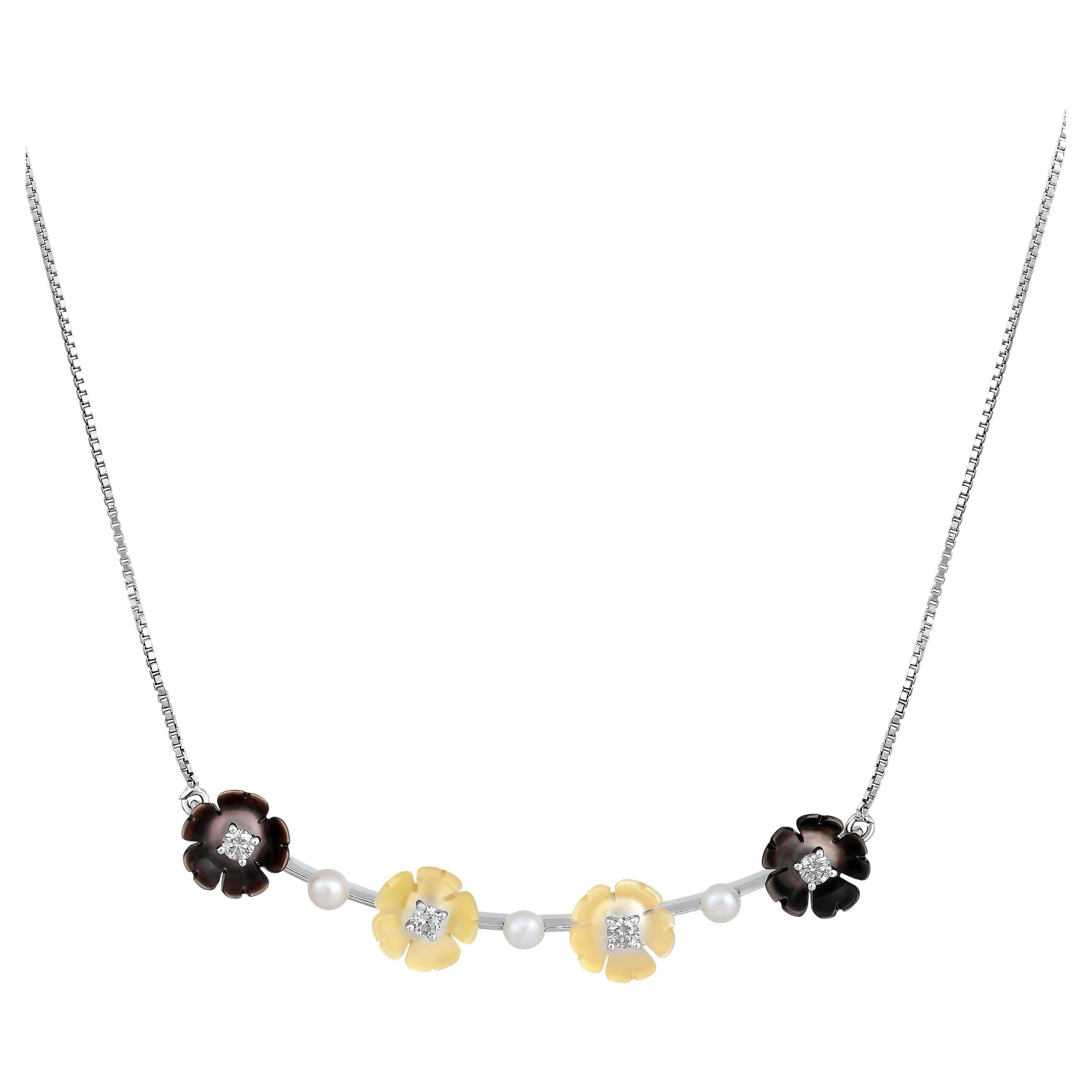 Certified 14k Gold 3.9 Carat Natural Diamond w/ Pearls Black Flower Bar Necklace