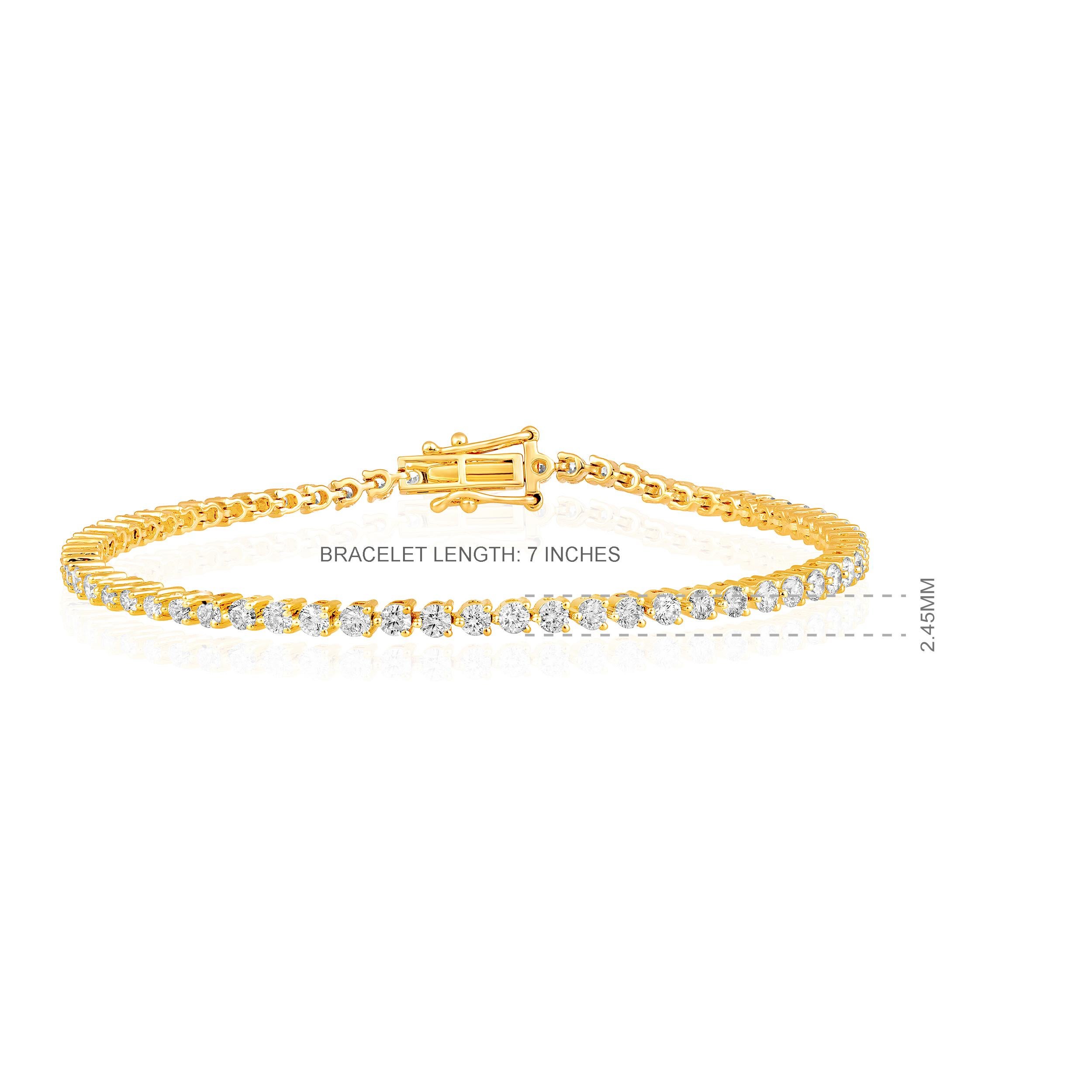 Certified 14K Gold 3ct Natural Diamond G-VS 2.45mm 3 Prong Tennis Bracelet In New Condition For Sale In Los Angeles, CA