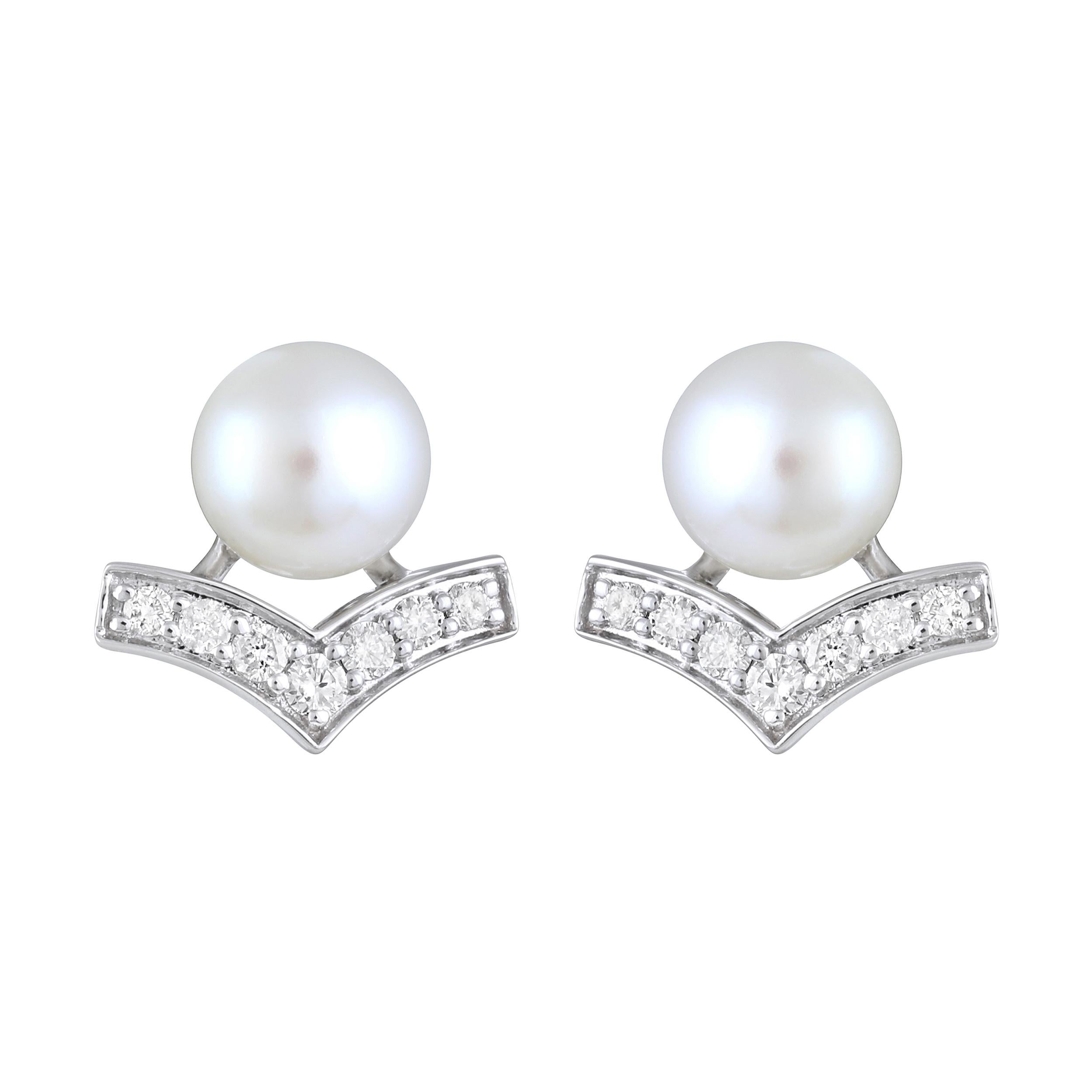 Contemporary Certified 14k Gold 3ct Natural Diamond w/ Cultured Pearls V Stud Earrings For Sale