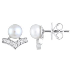 Used Certified 14k Gold 3ct Natural Diamond w/ Cultured Pearls V Stud Earrings