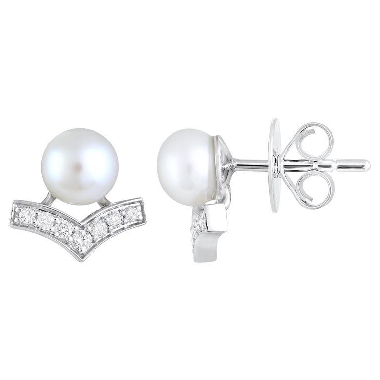 Certified 14k Gold 3ct Natural Diamond w/ Cultured Pearls V Stud Earrings  For Sale at 1stDibs