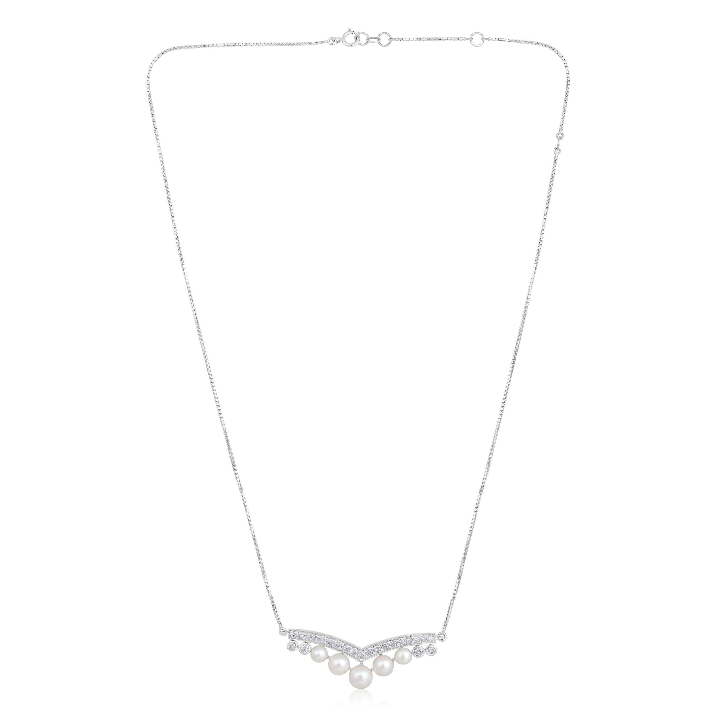 Crafted in 6.44 grams of 14K White Gold, the necklace contains 14 stones of Round Diamonds with a total of 0.61 carat in F-G color and I1-I2 clarity combined with 7 stones of Cultured Pearls with a total of 4.24 carat. The necklace length is 18