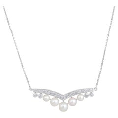 Certified 14k Gold 4.9ct Natural Diamond w/ Cultured Pearls V Curved Necklace