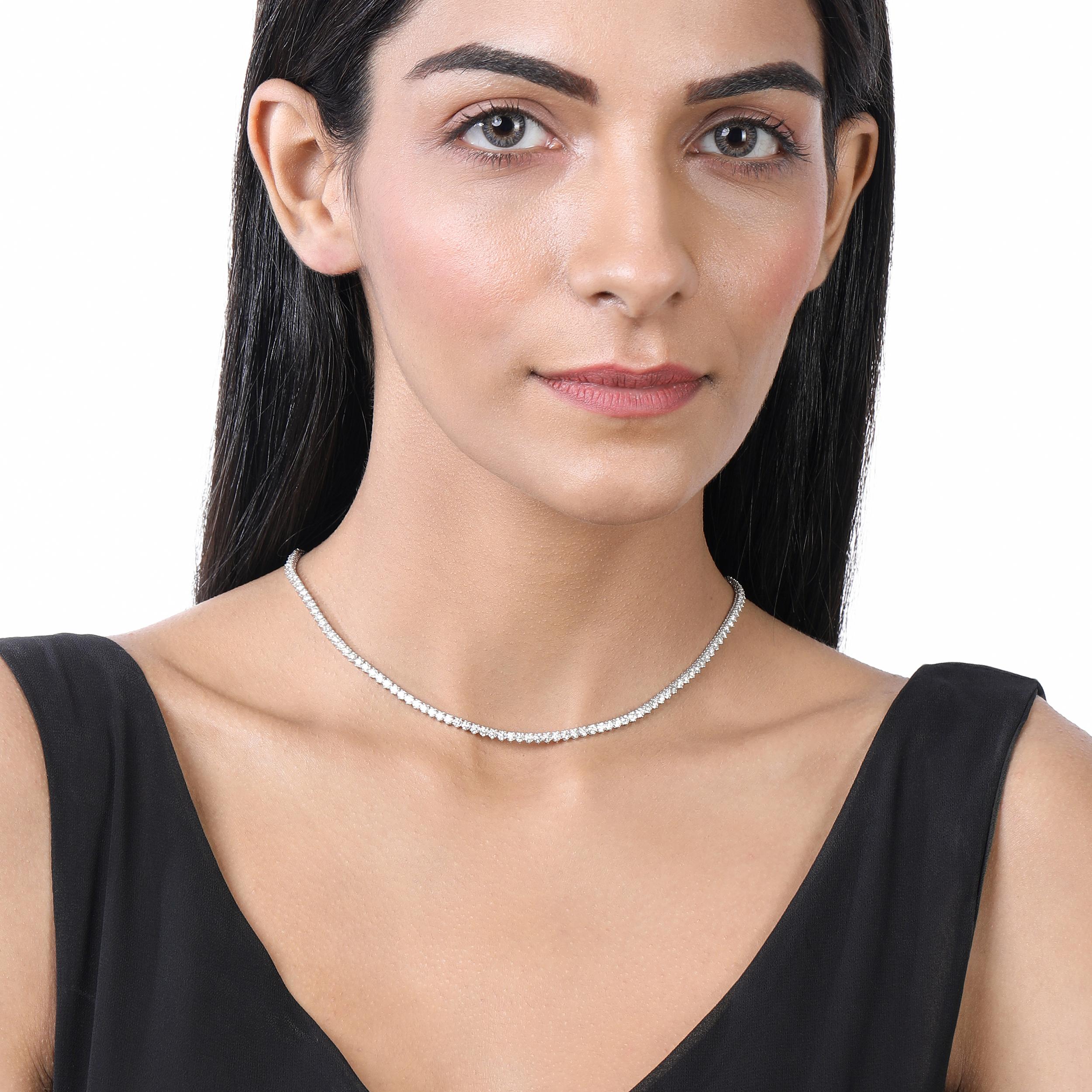 zertifizierte 14K Gold 8.4 Karat natürlicher Diamant 3.3 mm 3 Zacken Tennis Hochzeit Halskette im Zustand „Neu“ im Angebot in Los Angeles, CA