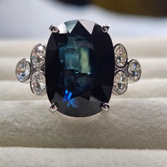 Certified 14k White Gold 14.53ct. Blue Teal Sapphire And 0.98ct. Diamond Ring