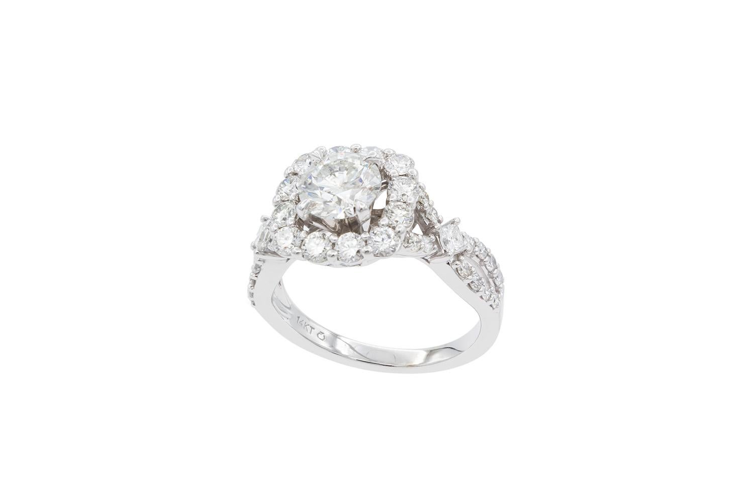 Women's Certified 14k White Gold & Round Brilliant Cut Diamond Halo Engagement Ring
