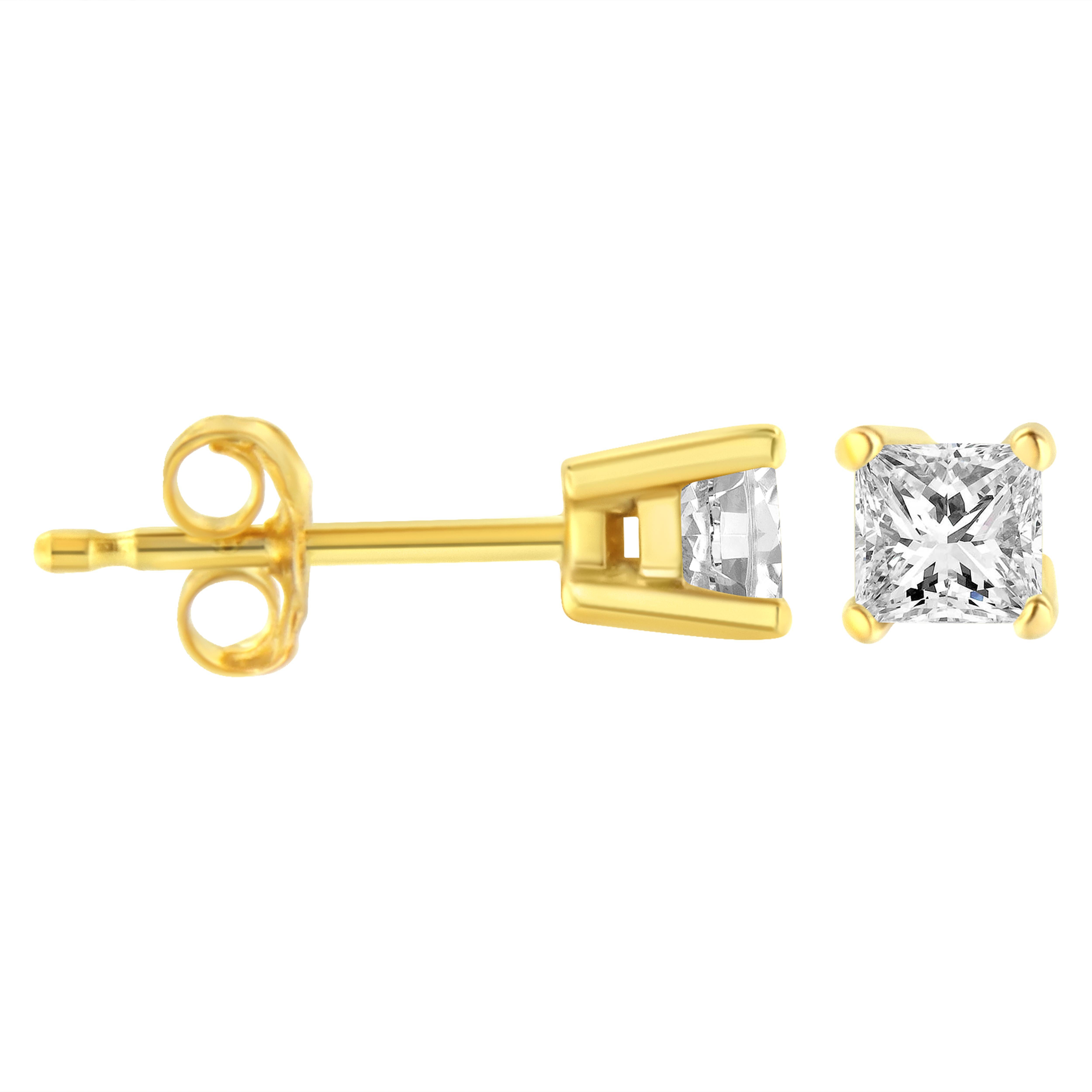 Certified 14k Yellow Gold 3/8 Carat Princess-Cut Solitaire Diamond Stud Earring In New Condition In New York, NY