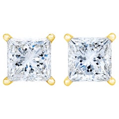 Boucle d'oreilles en or jaune 14K certifié avec diamant solitaire taille princesse de 3/8 carats