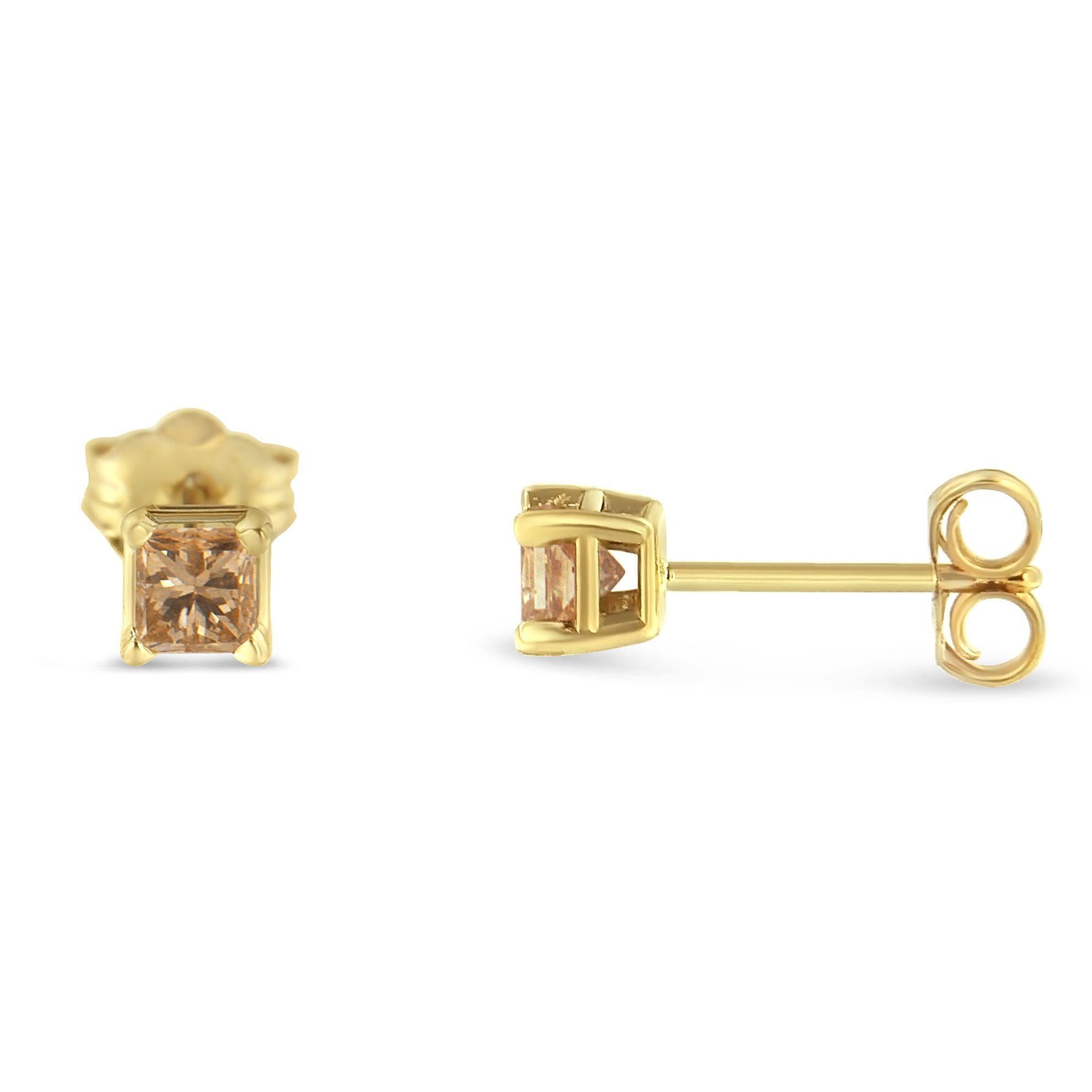 Modern Certified 14K Yellow Gold 3/8 Ctw Square Diamond 4-Prong Solitaire Stud Earrings