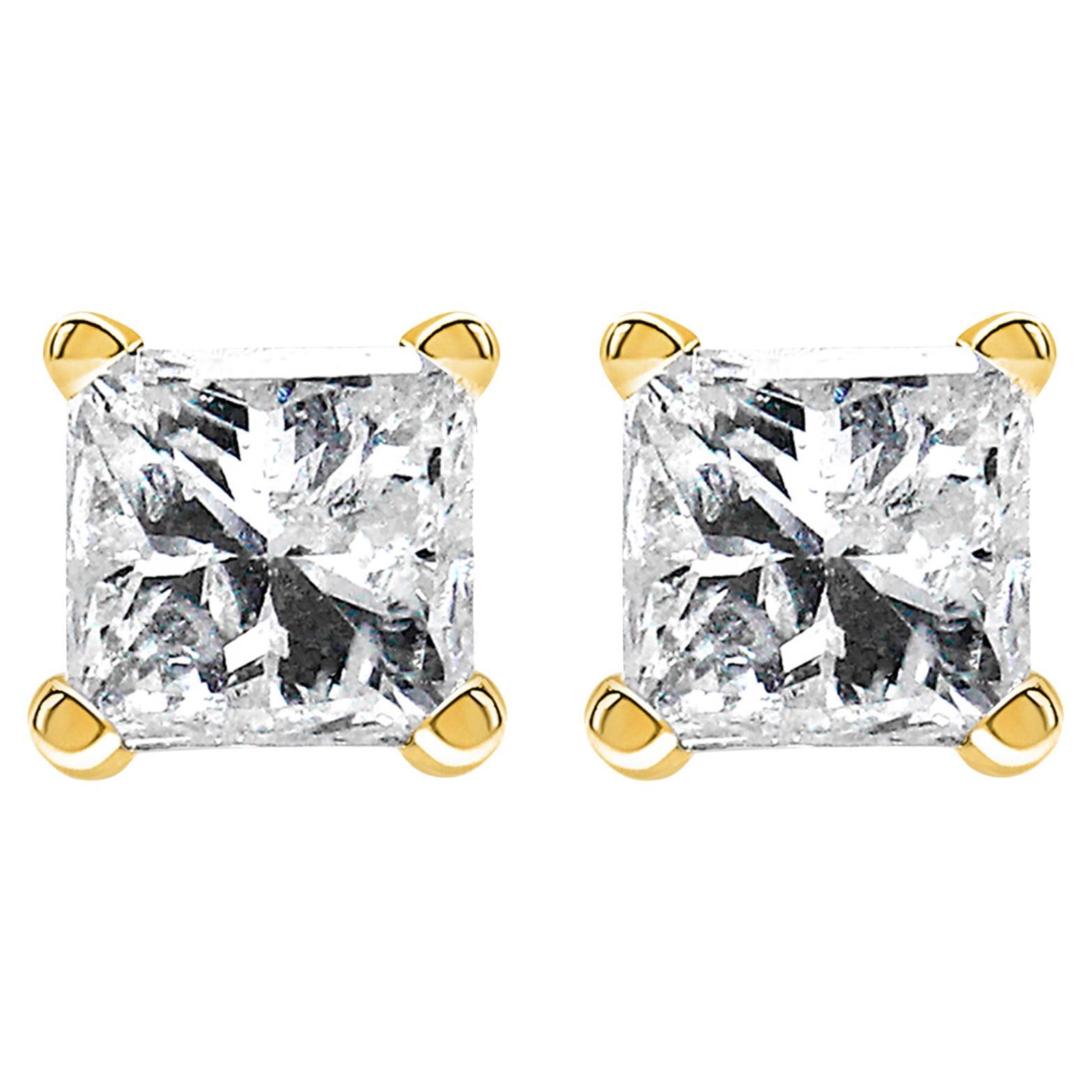 Certified 14K Yellow Gold 3/8 Ctw Square Diamond 4-Prong Solitaire Stud Earrings For Sale
