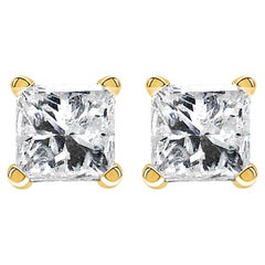 Clous d'oreilles solitaires à 4 griffes en or jaune 14 carats avec diamants carrés de 3/8 carats certifiés
