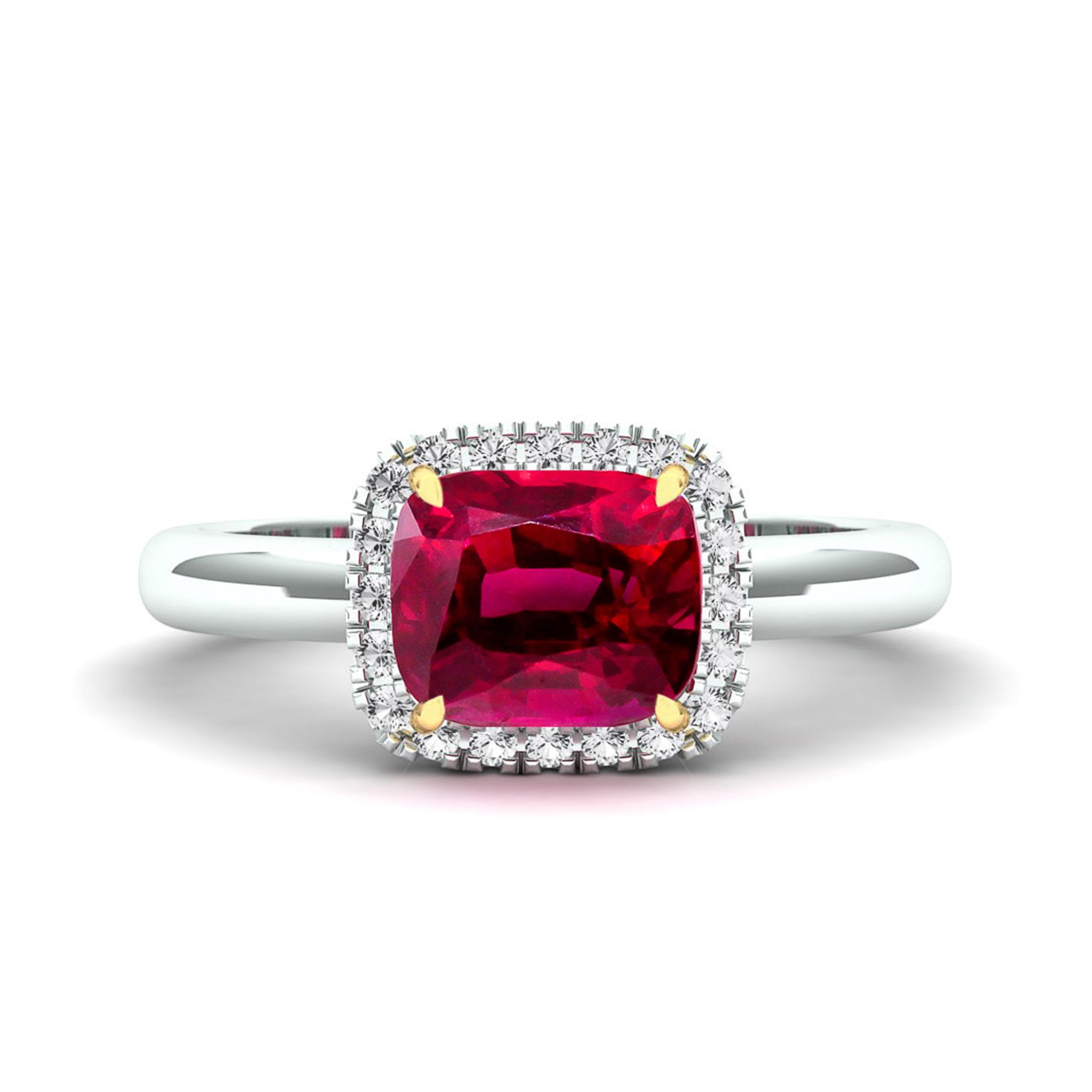 Elevate your style with our custom-made ring, featuring a 1.55-carat natural untreated Ruby in a cushion cut. Set in an East-West halo setting with conflict-free diamonds. Certified by Emteem Gem Labs, it's available in your choice of 18K yellow