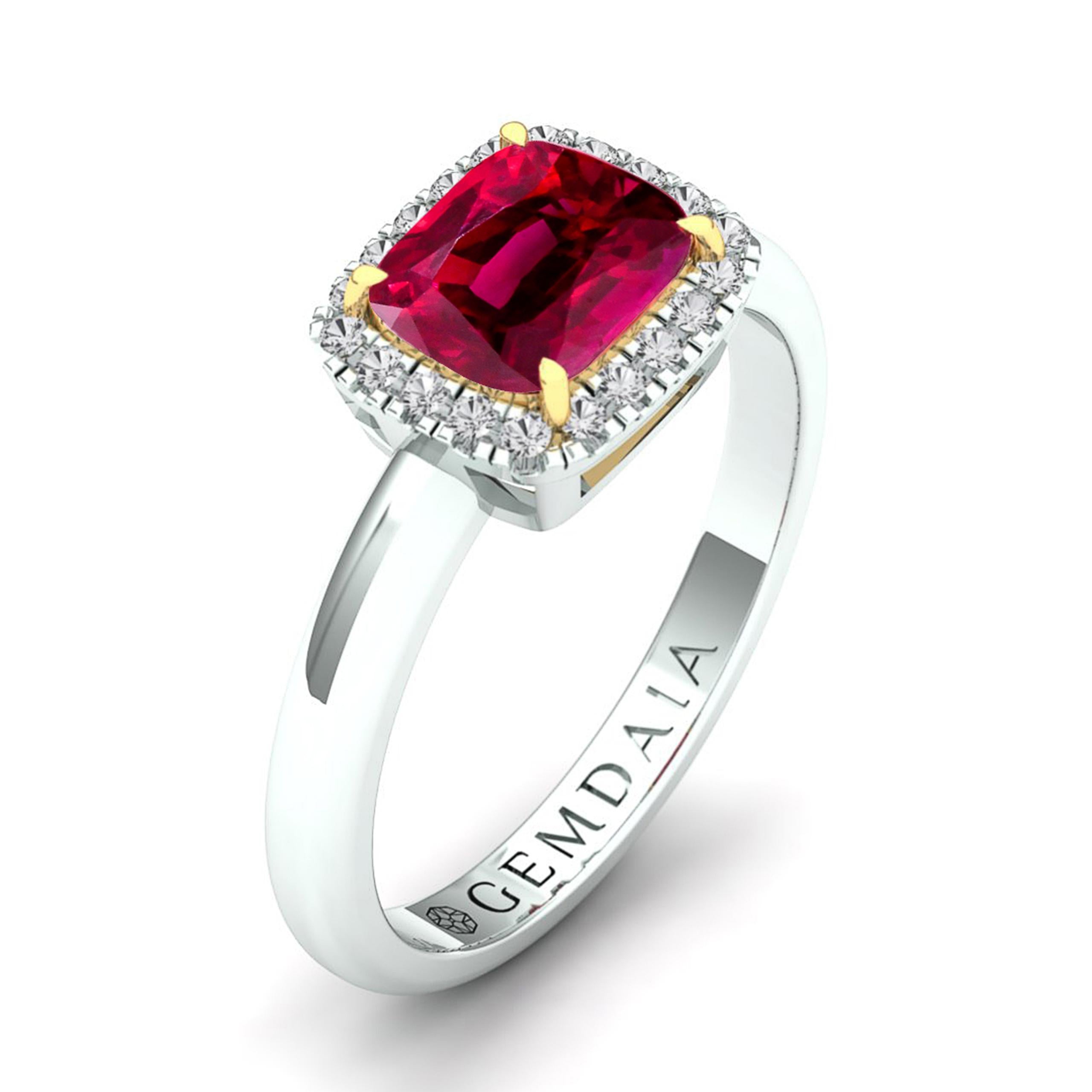 Cushion Cut Certified 1.5 Carat 'Natural & Untreated' Ruby & Diamond East West Halo Ring  For Sale