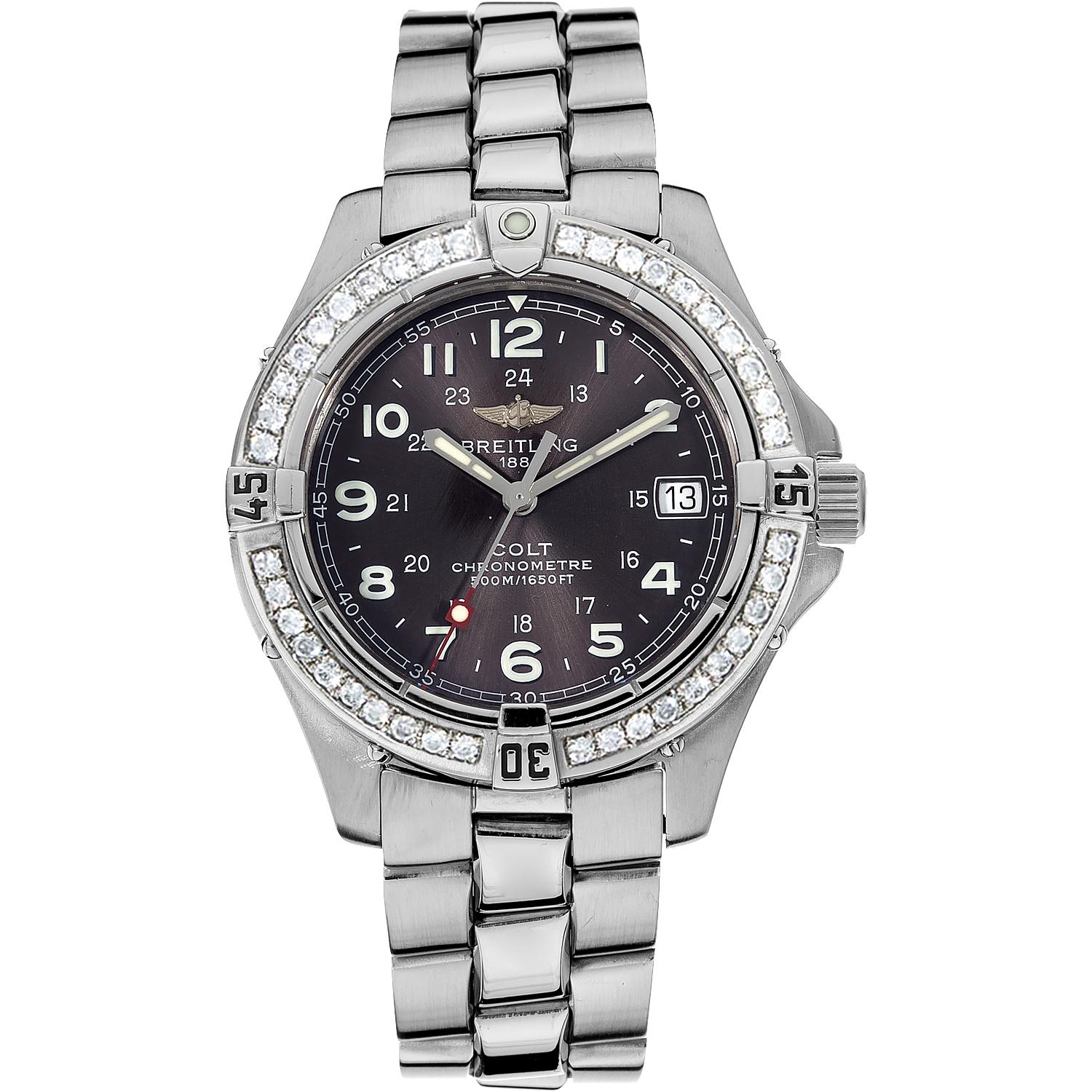 Certified 1.50 Carat Diamond Breitling Colt Chronometre 38mm Black-dial Diver Watch with genuine box and booklet papers (A74350 model). Certified by Gemological Institute in New York with diamond grading report and appraisal value. 

Original