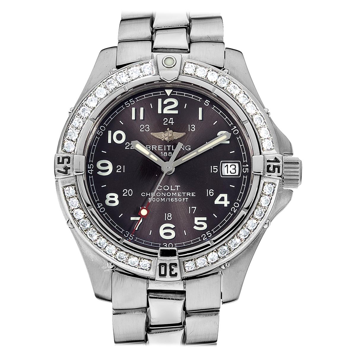 Certified 1.50 Carat Diamond Breitling Colt Chronometre Diver Watch For Sale