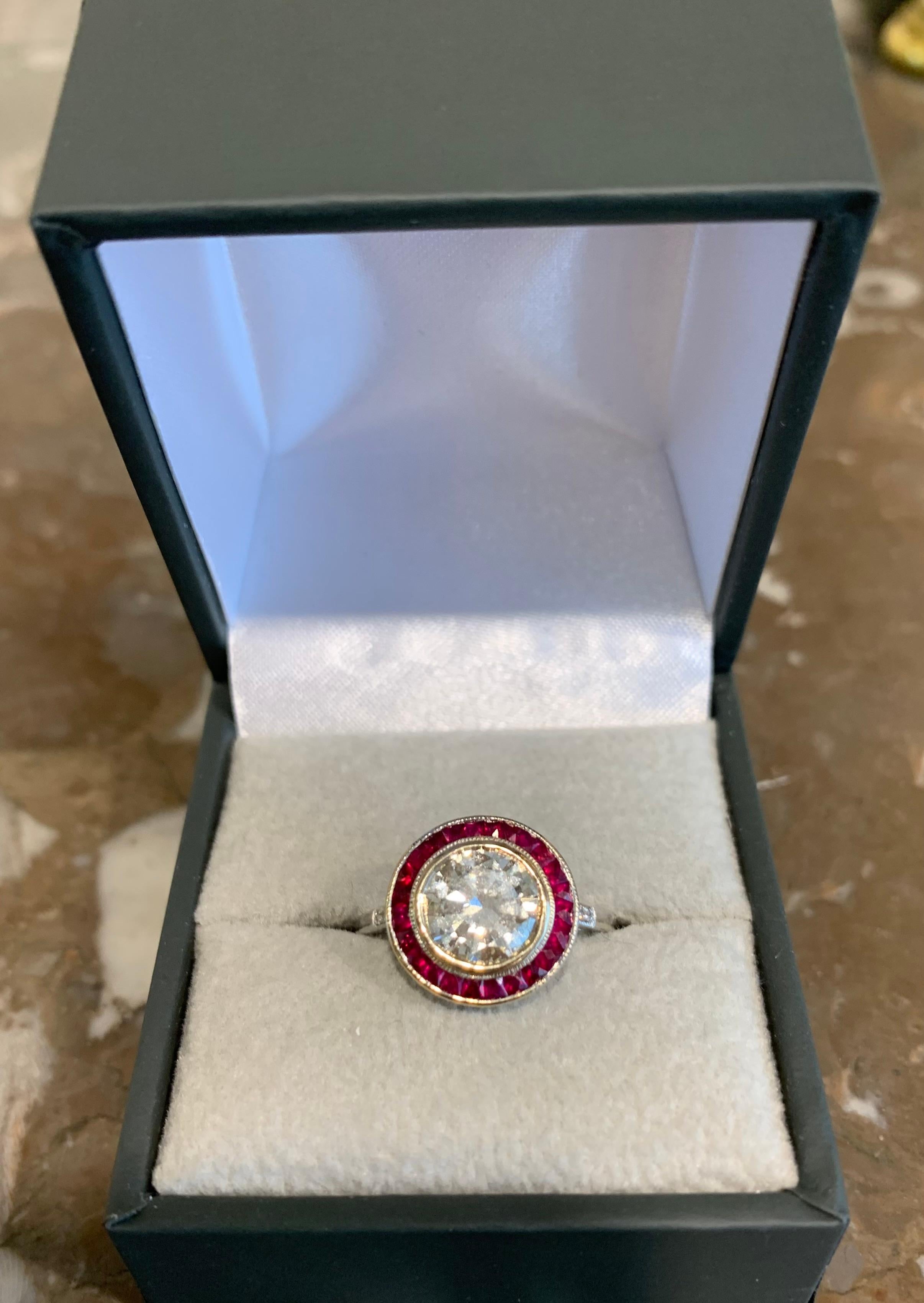 Certified 1.50 Carat Diamonds Rubies 18 Carat White Gold Art Deco Style Ring In Excellent Condition For Sale In Paris, FR