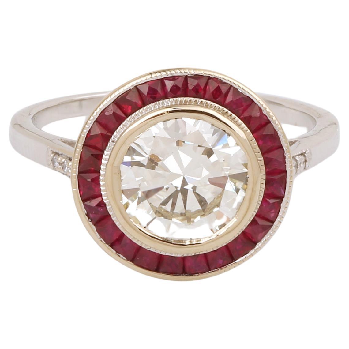 Certified 1.50 Carat Diamonds Rubies 18 Carat White Gold Art Deco Style Ring For Sale