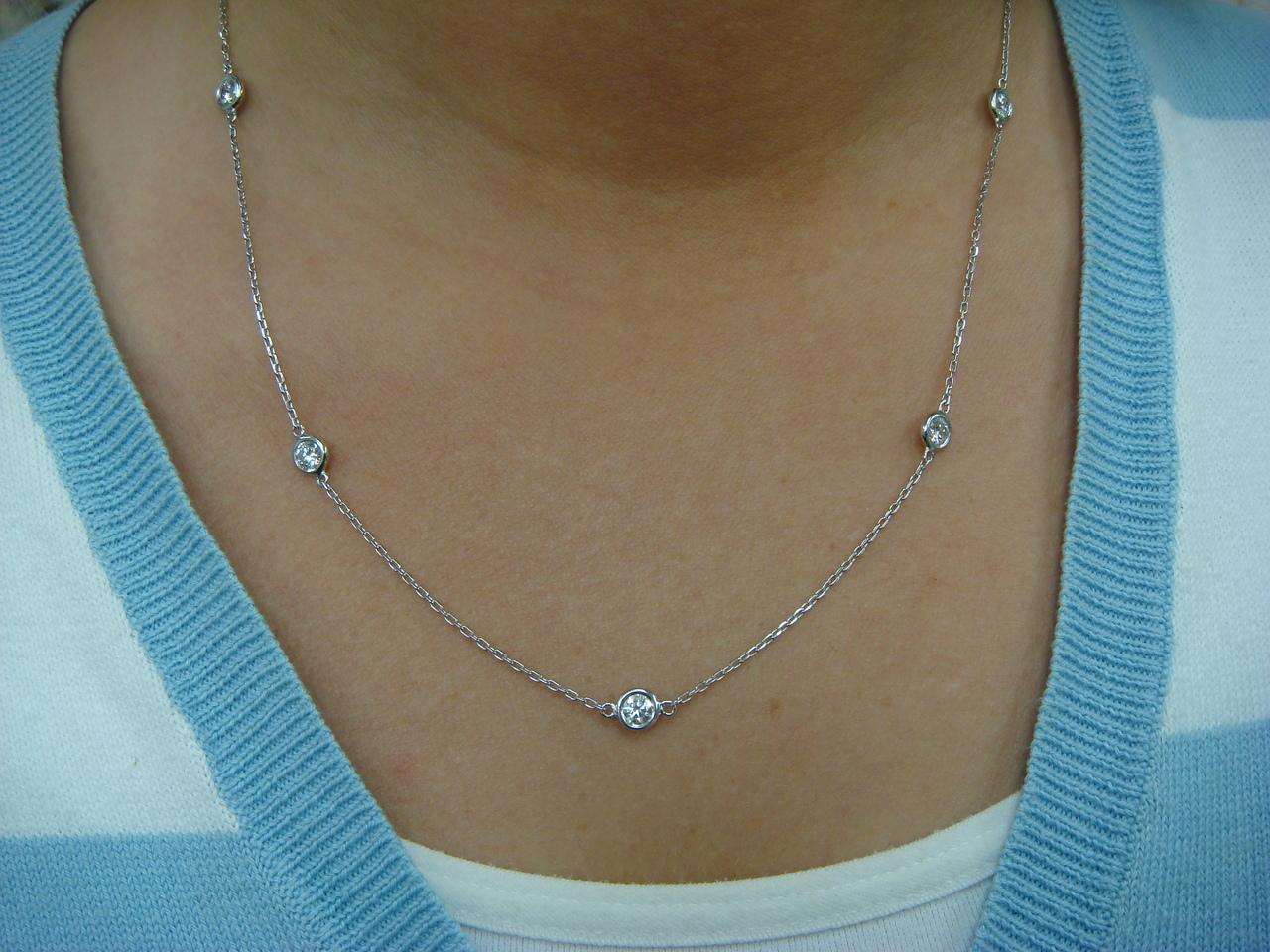 Round Cut Certified 1.30 Carat Round Diamonds by The Yard Necklace in 14 Karat White Gold For Sale