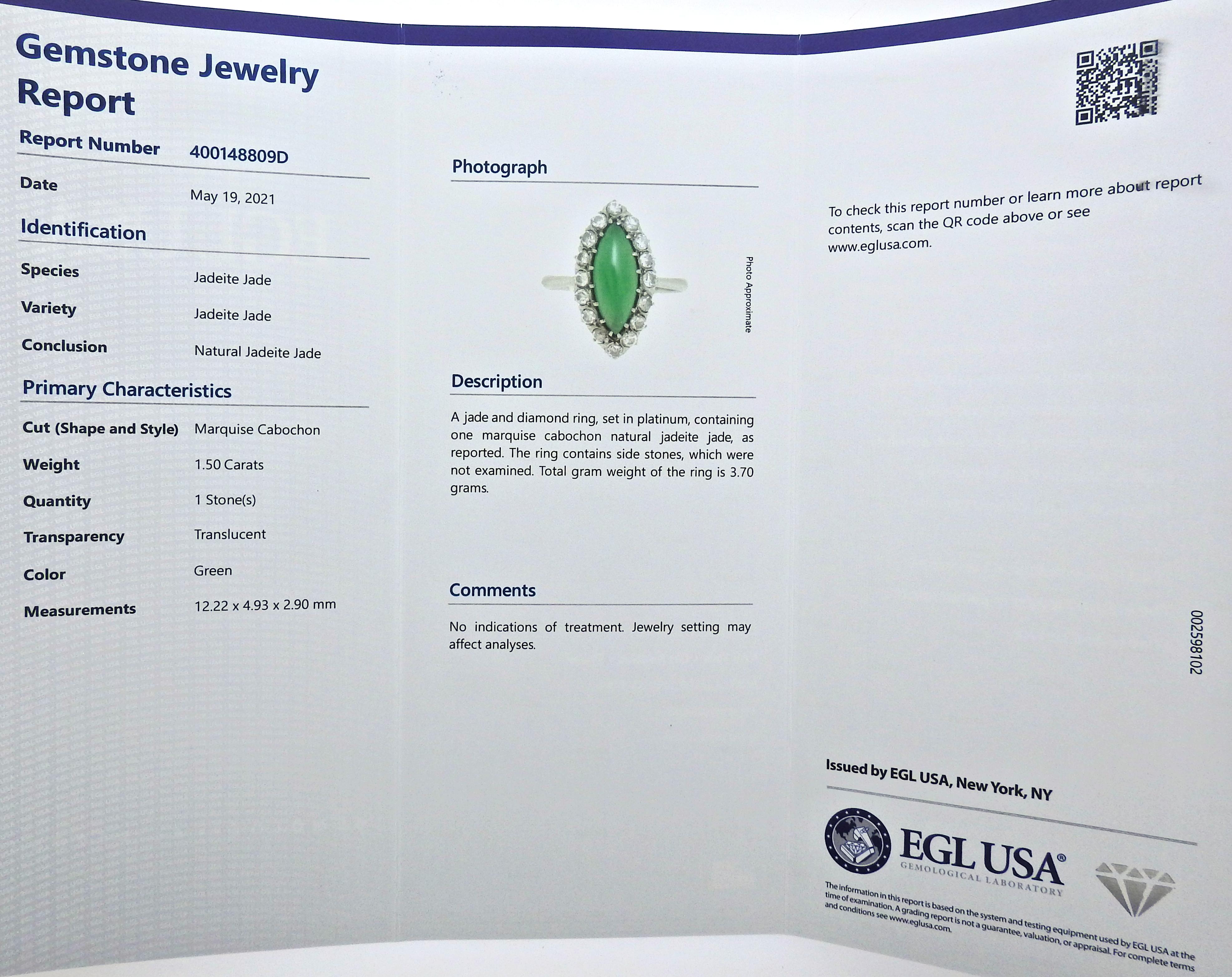 Women's Certified 1.50ct Natural Jadeite Jade Platinum Diamond Ring