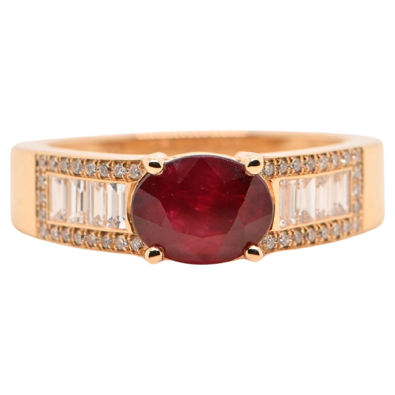 Certified 1.51 Carats Blood Pigeon Ruby Diamonds Yellow Gold 18 Carats Ring For Sale
