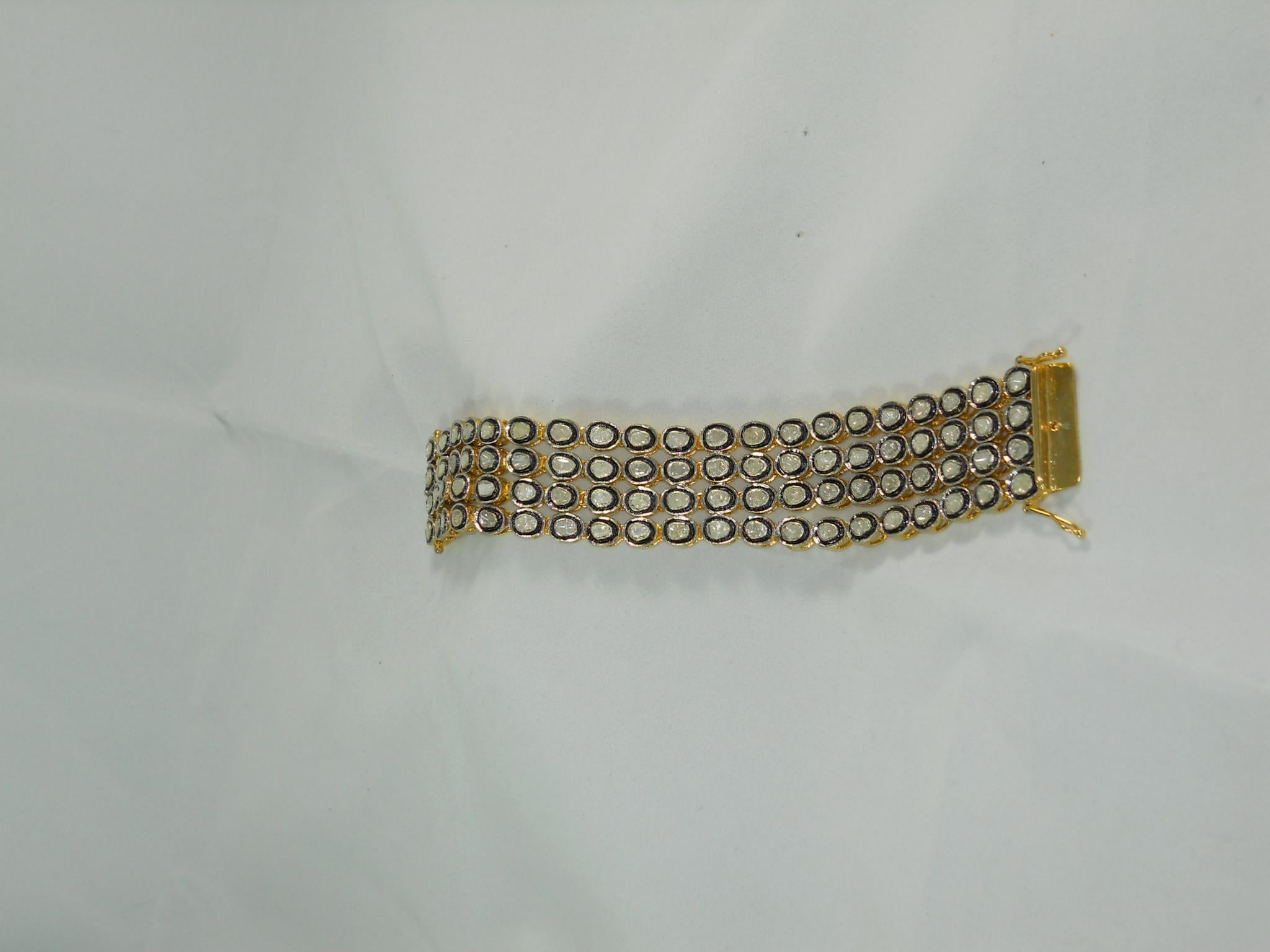 Art Nouveau Certified 15.3 carat natural uncut Diamonds sterling silver Gold plated bracelet For Sale
