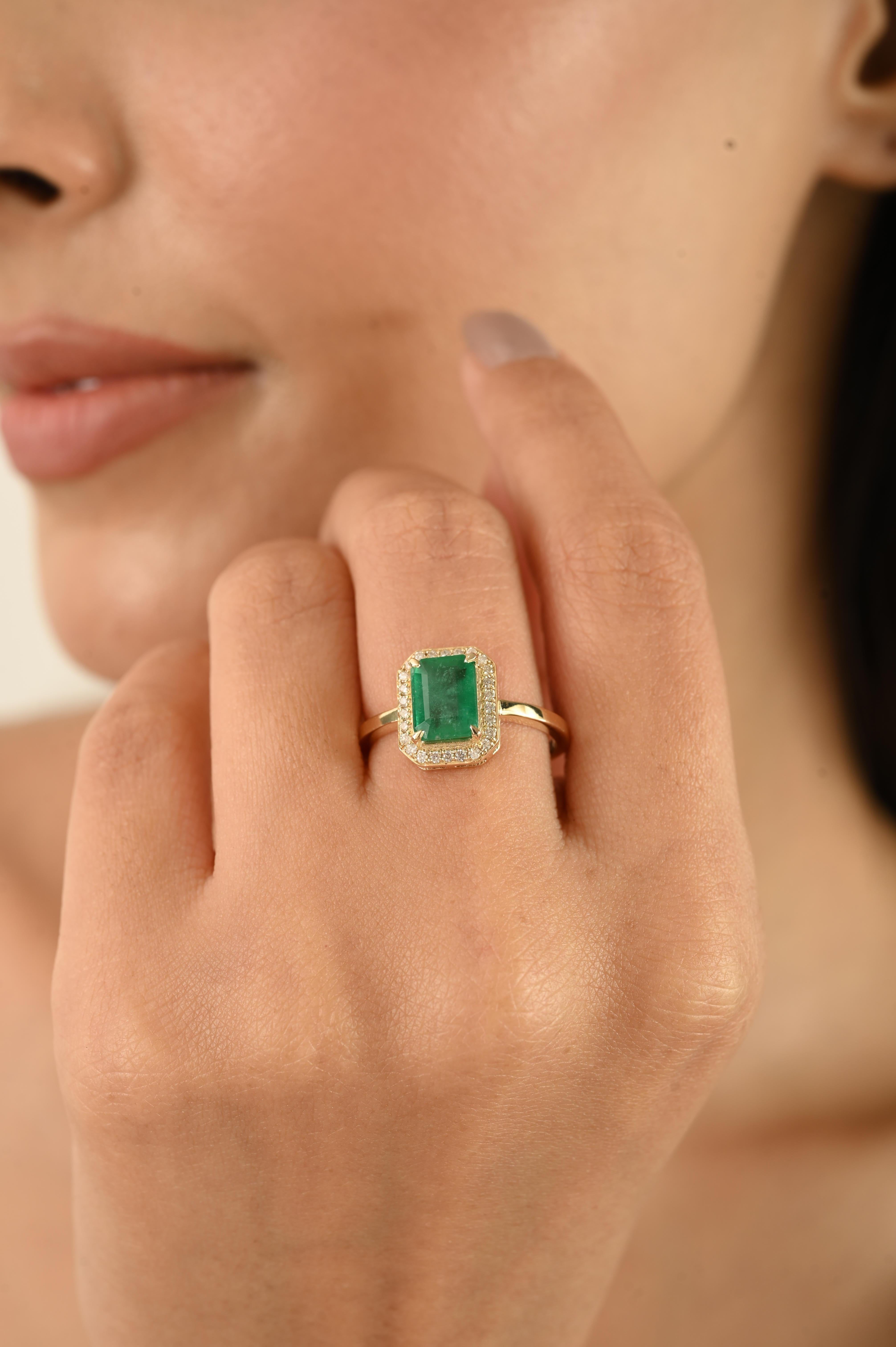 For Sale:  Certified 1.53 Ct Emerald and Diamond Halo Ring in 14k Yellow Gold Gift for Her 2