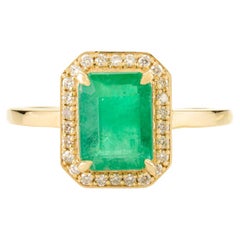 Certified 1.53 Ct Emerald and Diamond Halo Ring in 14k Yellow Gold Gift for Her