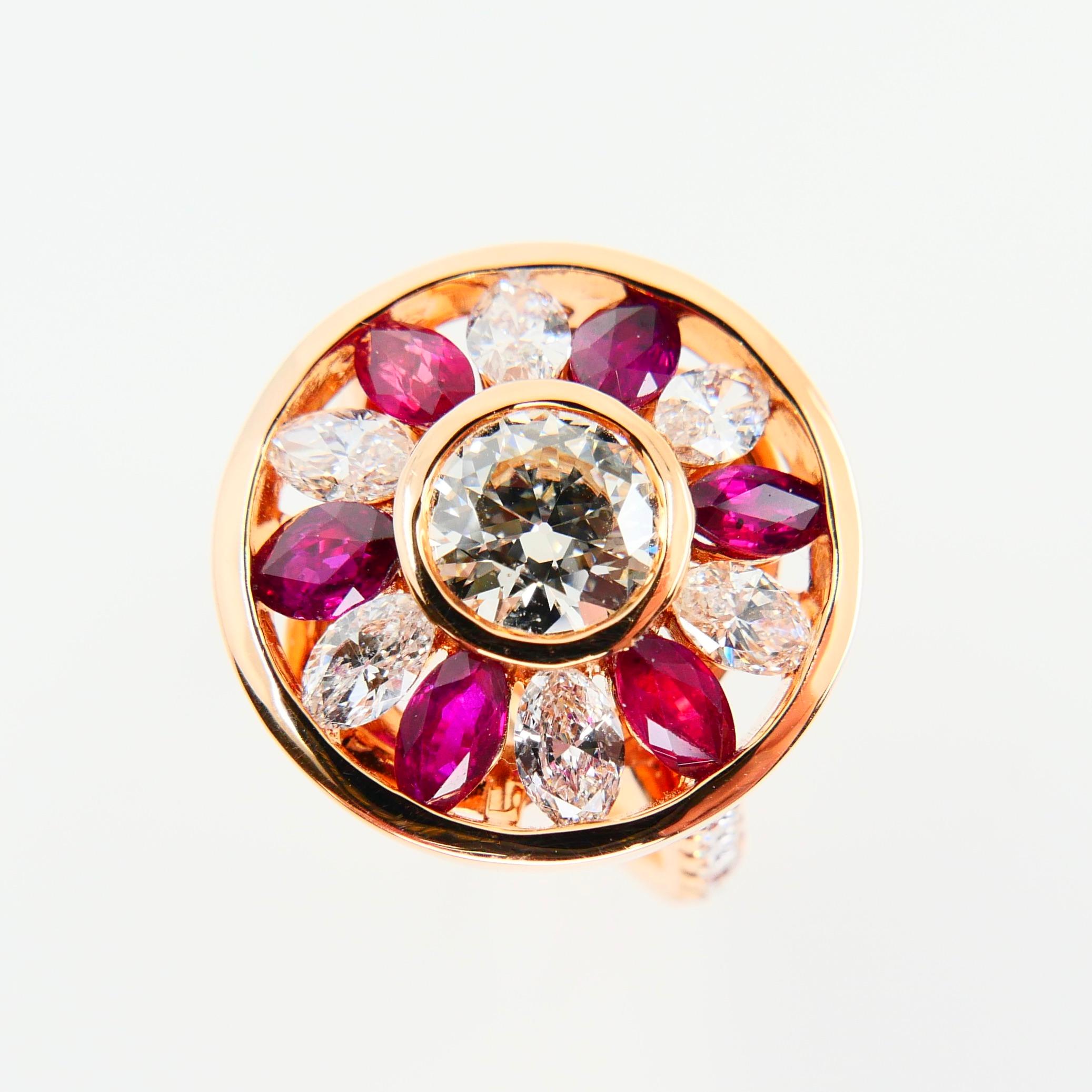 Contemporary Certified 1.53 Cts Natural Burma Ruby & Old Cut Diamond Ring, 18K Rose Gold