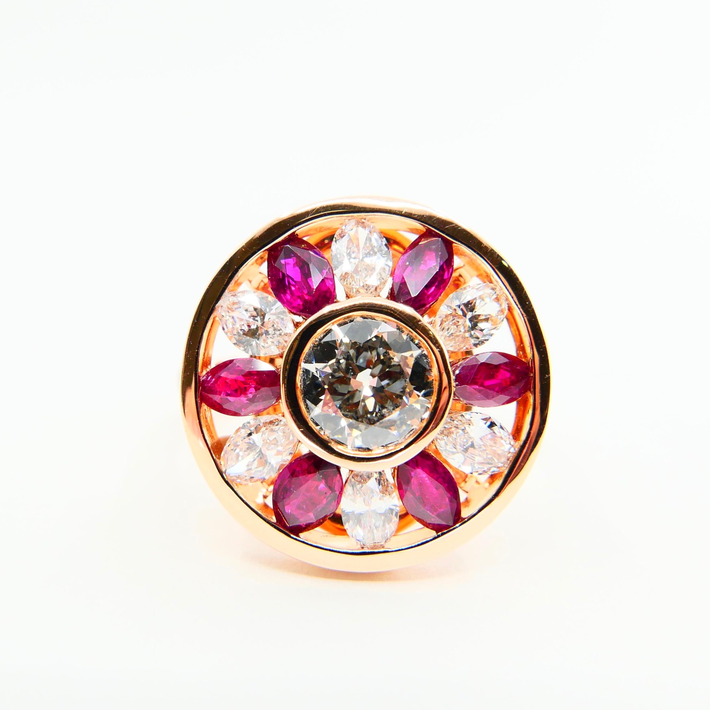 Round Cut Certified 1.53 Cts Natural Burma Ruby & Old Cut Diamond Ring, 18K Rose Gold