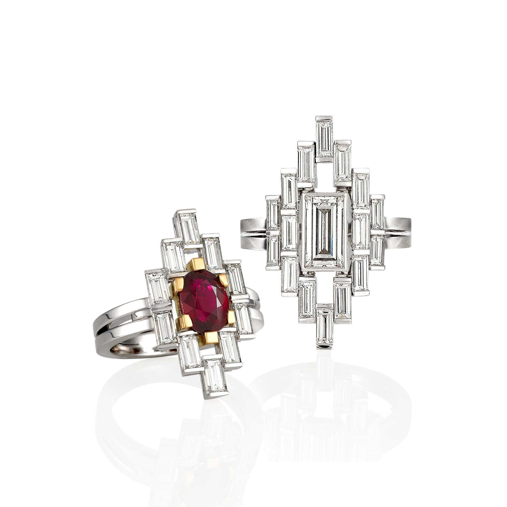 Emerald Cut Certified 1.55 Carat Natural Ruby and Baguette Diamond Art Deco Dress Ring For Sale