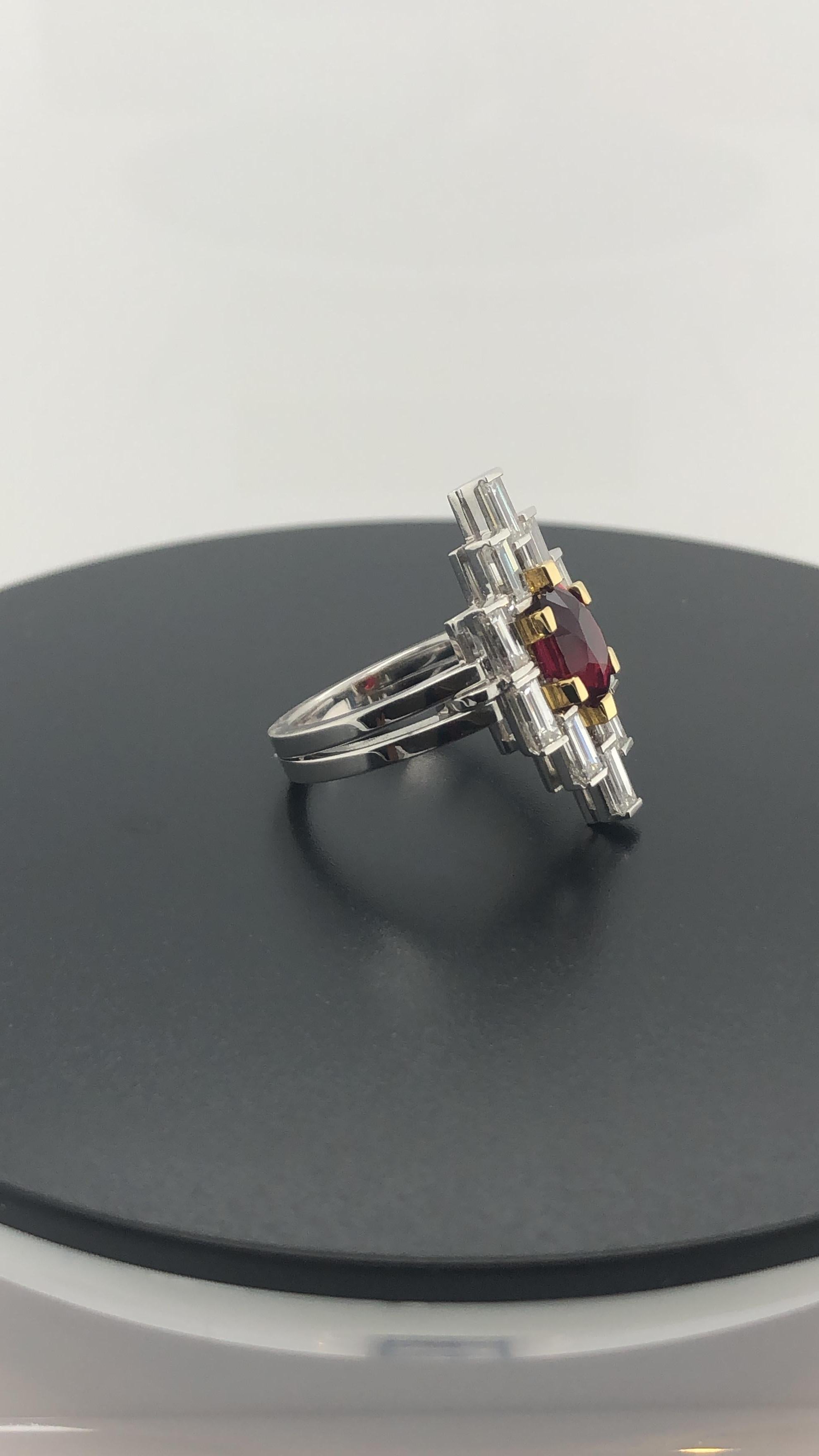 Certified 1.55 Carat Natural Ruby and Baguette Diamond Art Deco Dress Ring In New Condition For Sale In Sydney, NSW
