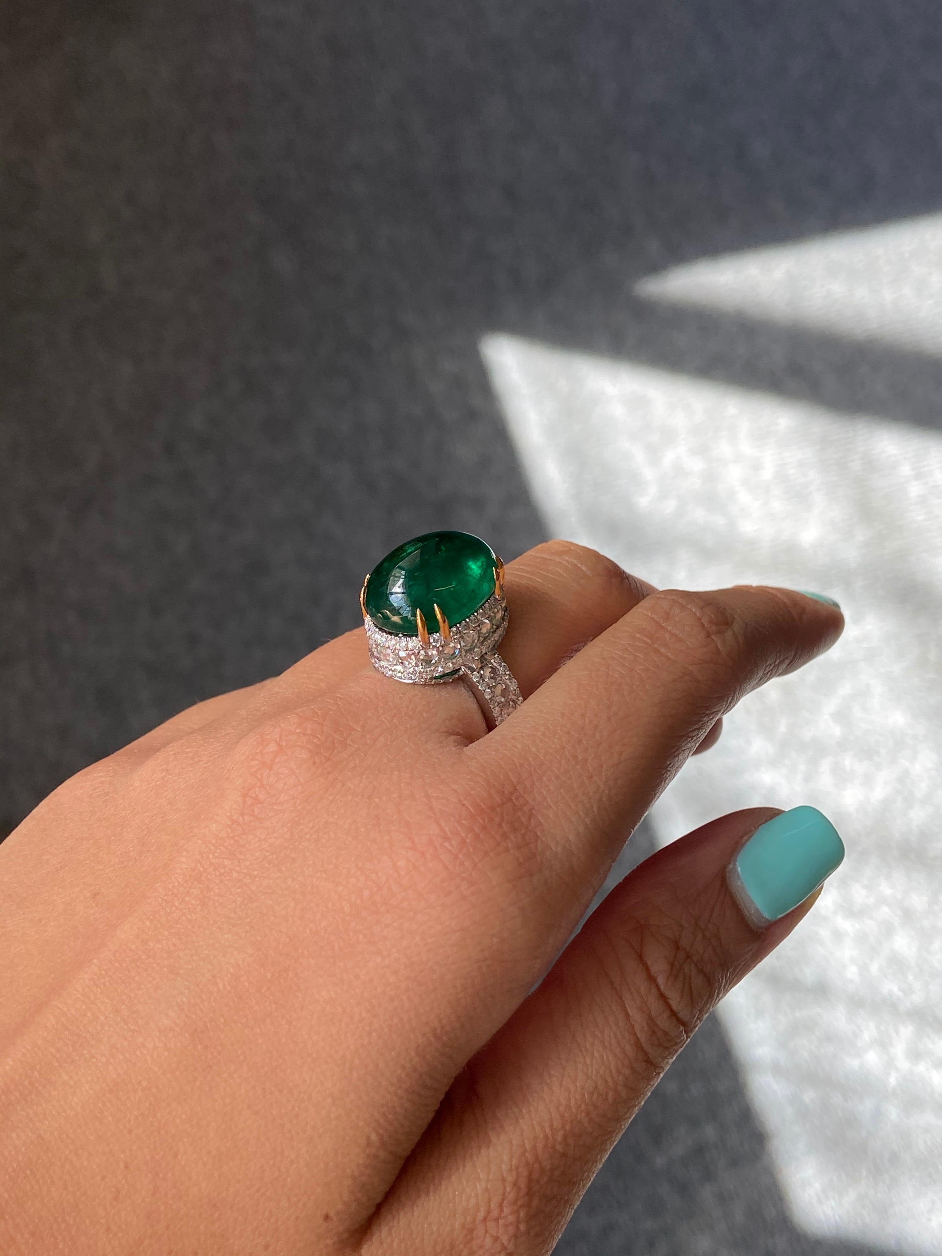Art Deco Certified 15.58 Carat Emerald Cabochon and Diamond Cocktail Ring