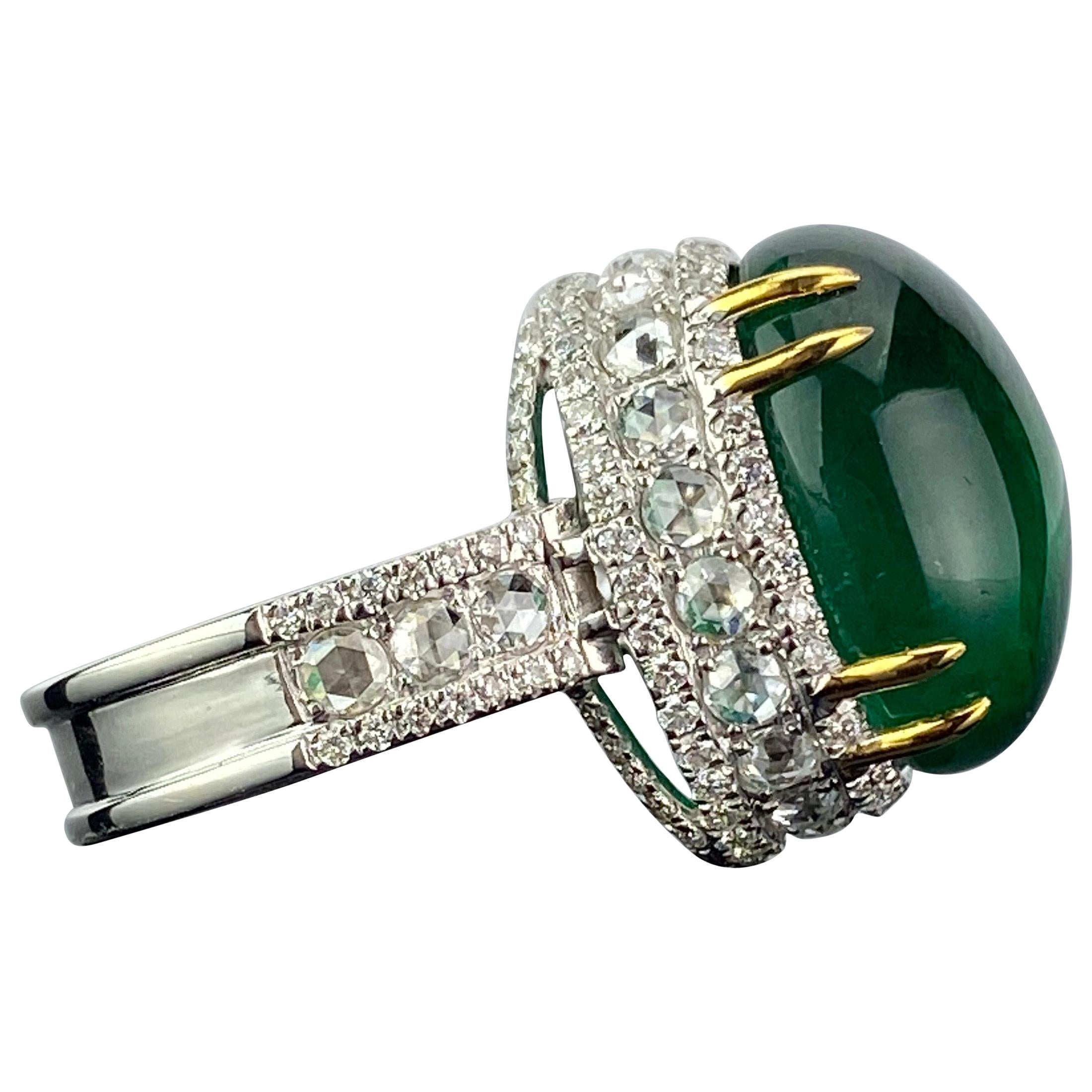 Certified 15.58 Carat Emerald Cabochon and Diamond Cocktail Ring