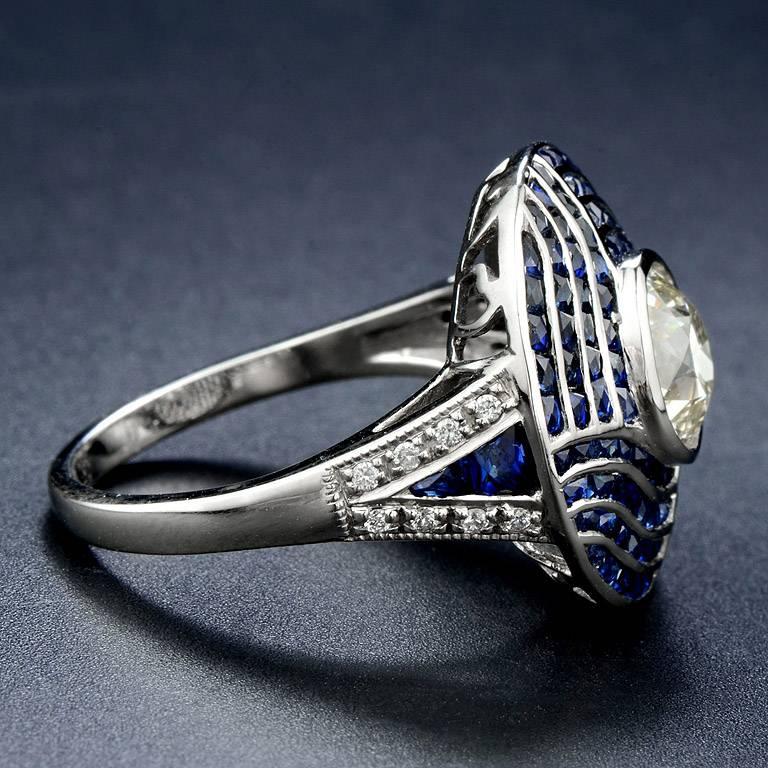 Art Deco Certified 1.56 Carat Diamond Blue Sapphire Cocktail Ring