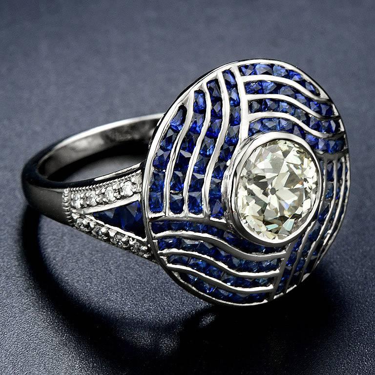 Women's Certified 1.56 Carat Diamond Blue Sapphire Cocktail Ring