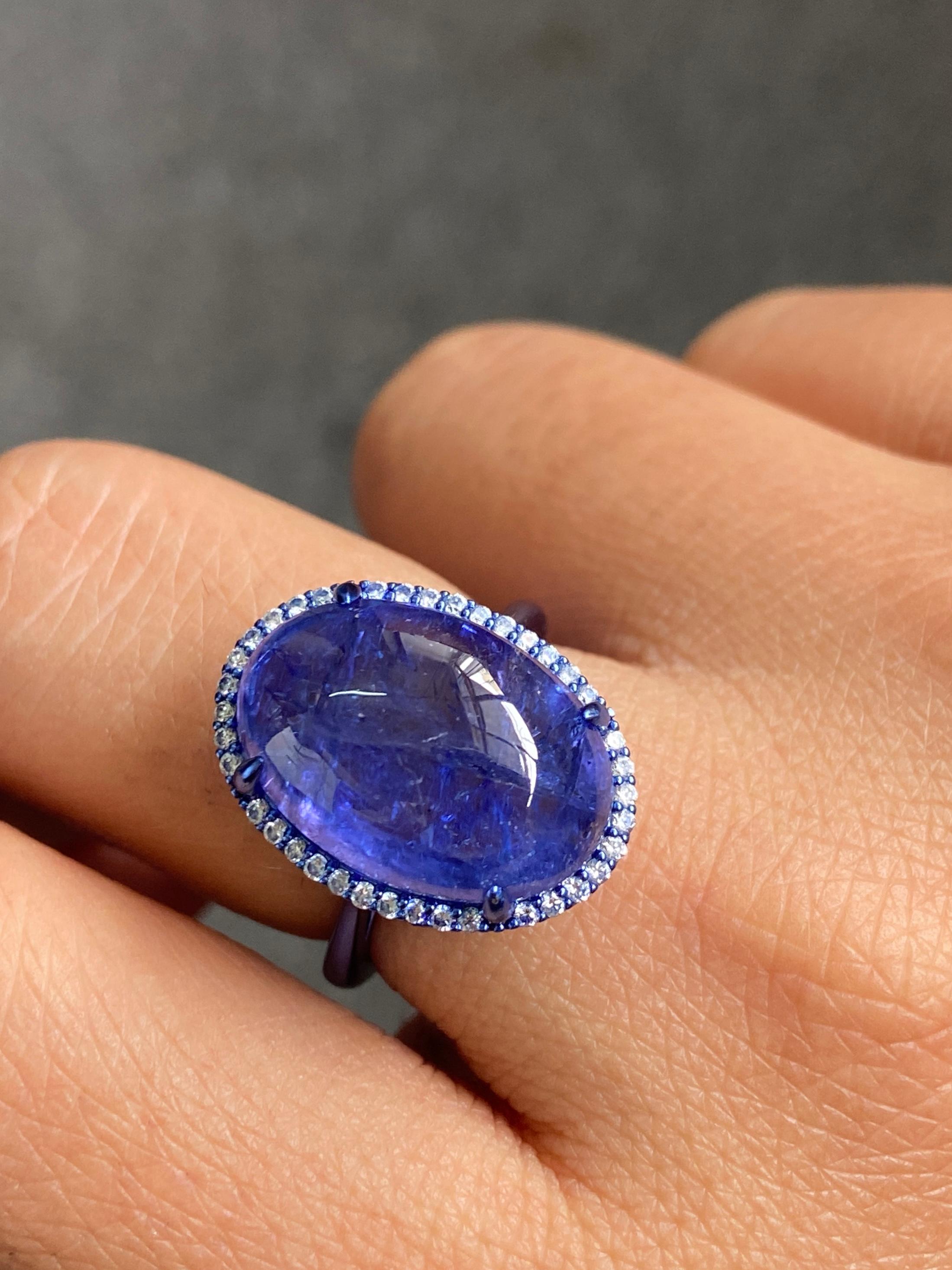 Anillo de cóctel de oro de 18 K con cabujón de tanzanita y diamantes certificados de 15,61 quilates en venta 2